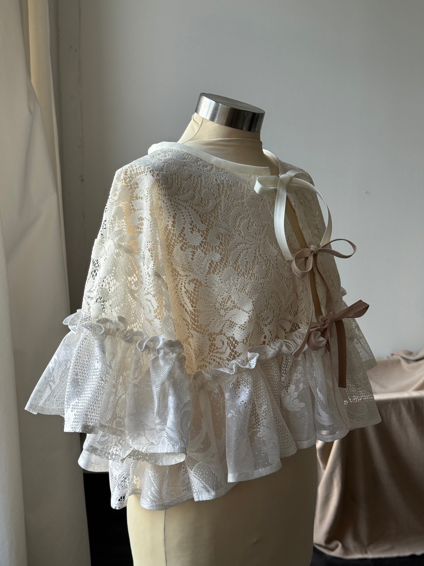 Eliza Two Tone Vintage Lace Handcrafted Ruffle Top In Napoleon
