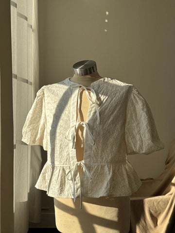 Cindy Cotton Puff Sleeve Embroidered Tie Front Top In Ivory