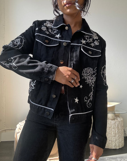 Nash Classic Embroidered Western Denim Jacket In Black