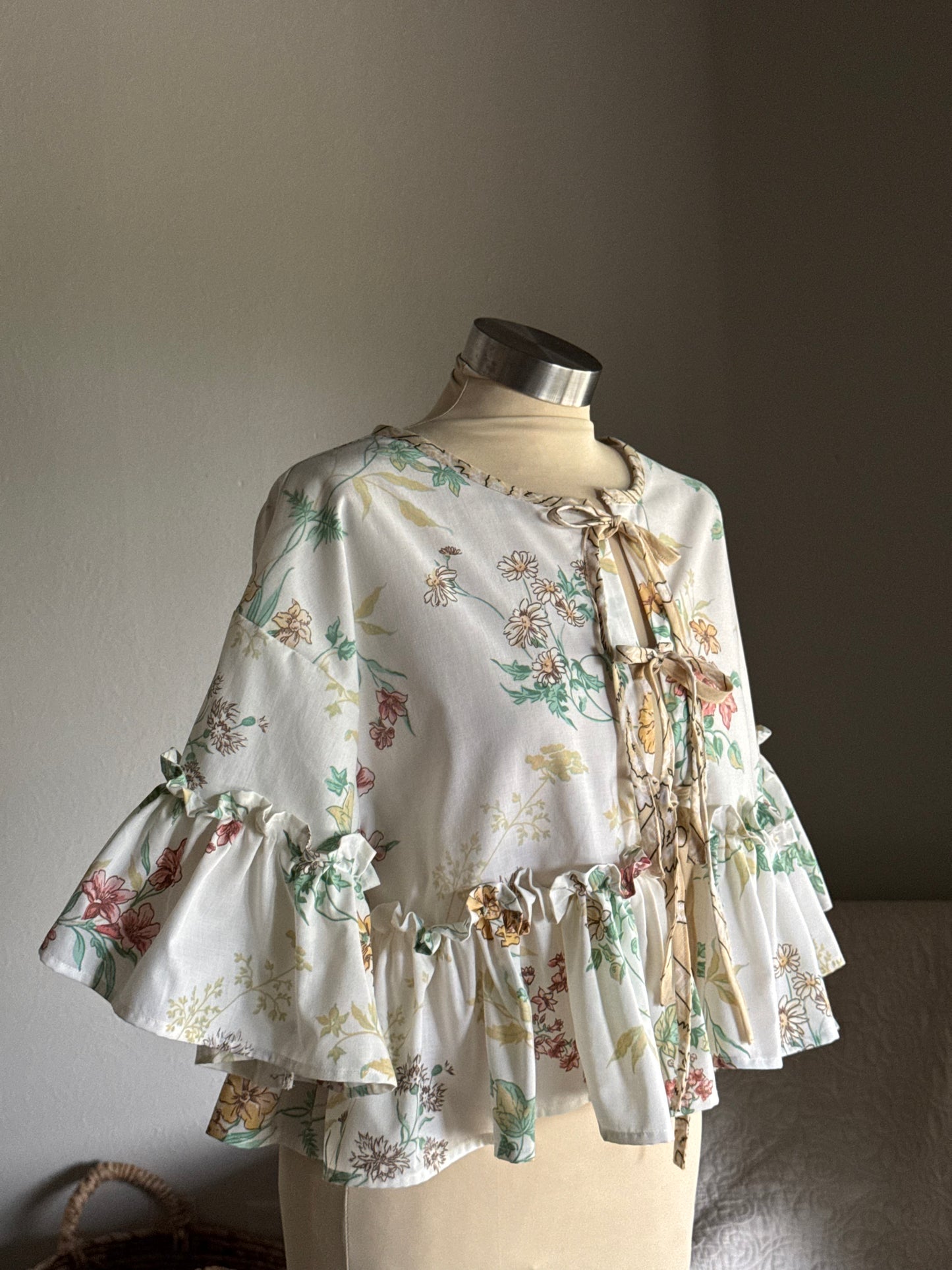 Joycie Vintage Cotton Handcrafted Floral Ruffle Tie Top