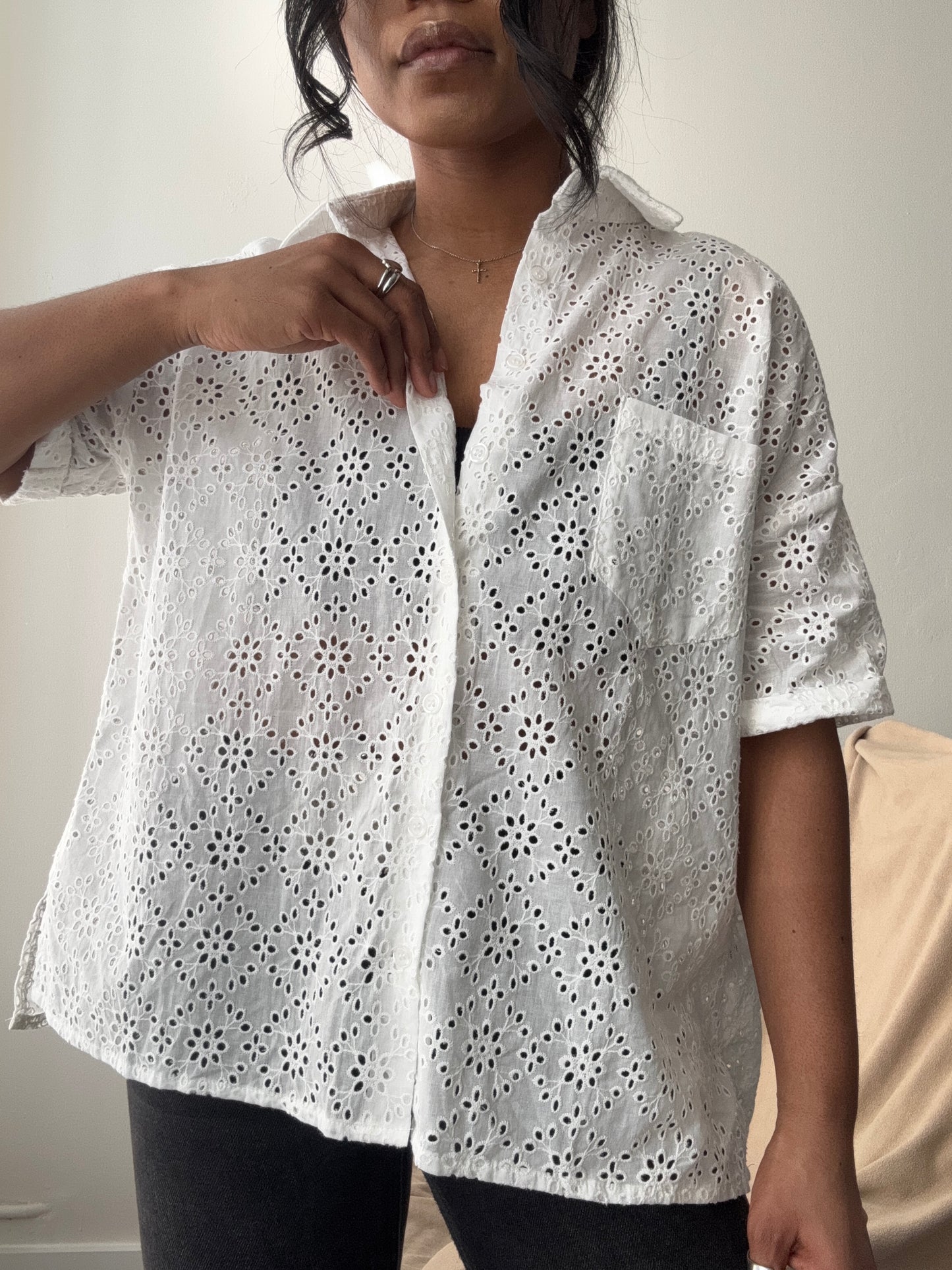 Courtney Cotton Eyelet Button Down Shirt In White