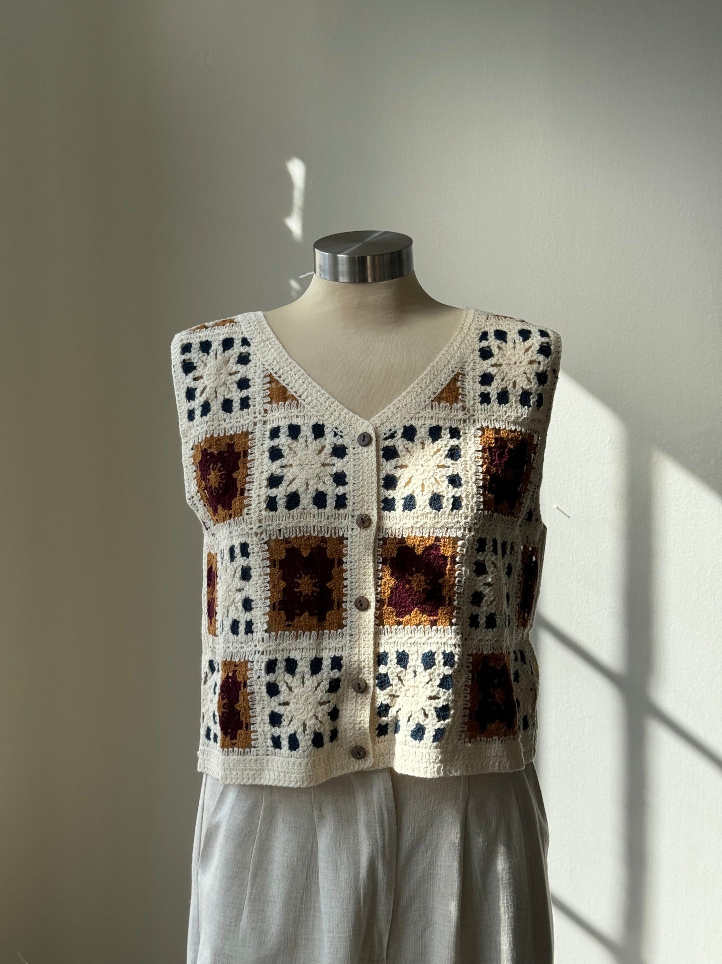 Keaton Crochet Knit Patch Work Button Front Vest In Cream