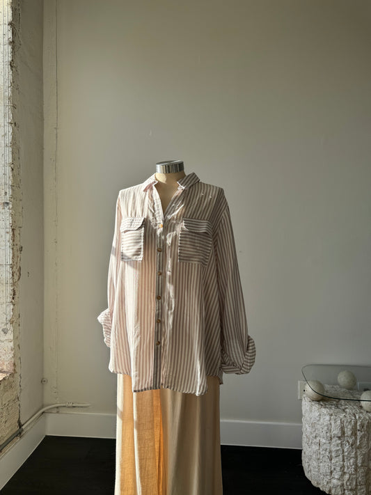 Kinley Classic Striped Button Down Shirt In Taupe & White