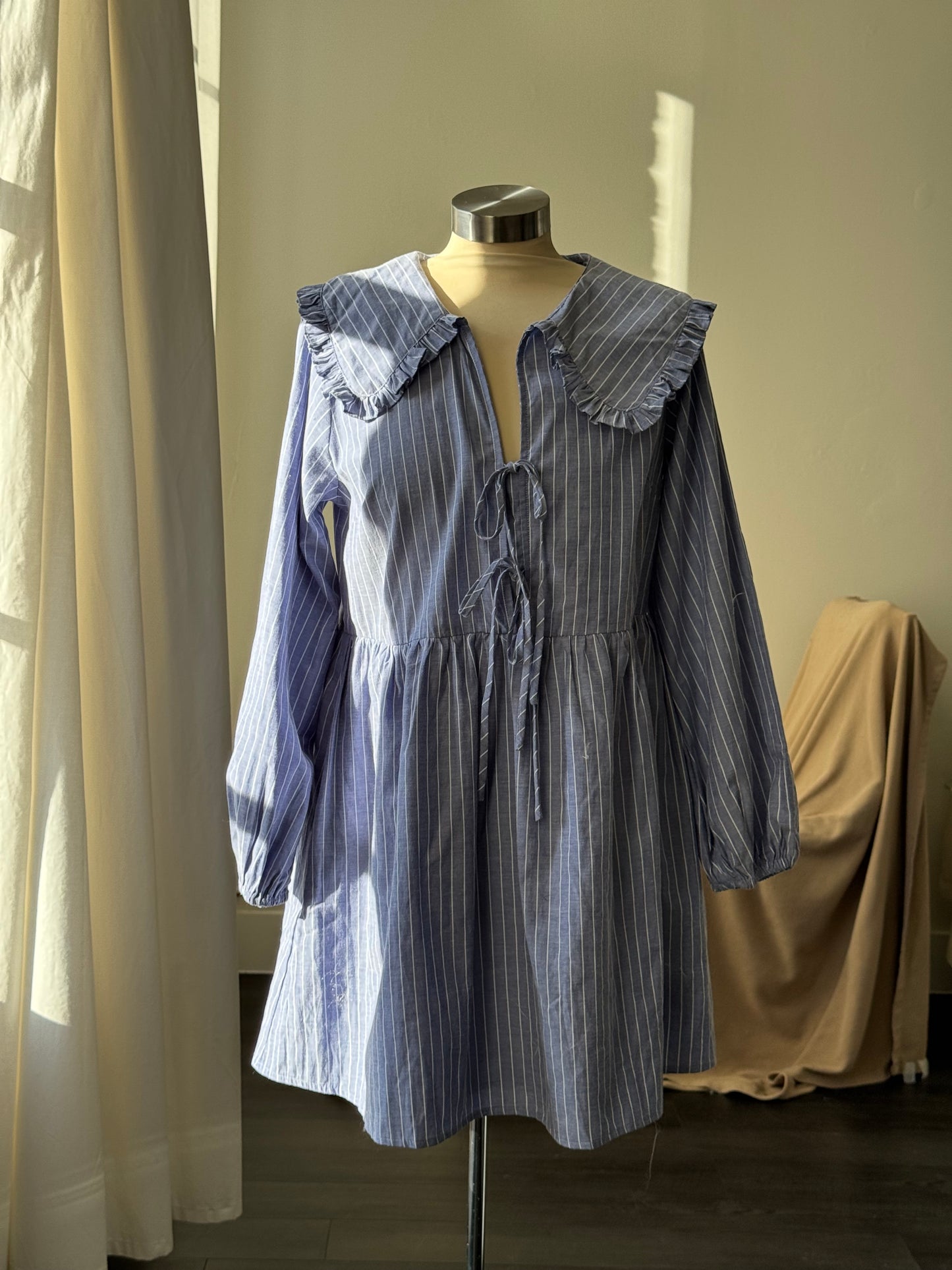 Odessa Cotton Tie Front Ruffle Collar Striped Dress In Vintage Blue￼￼