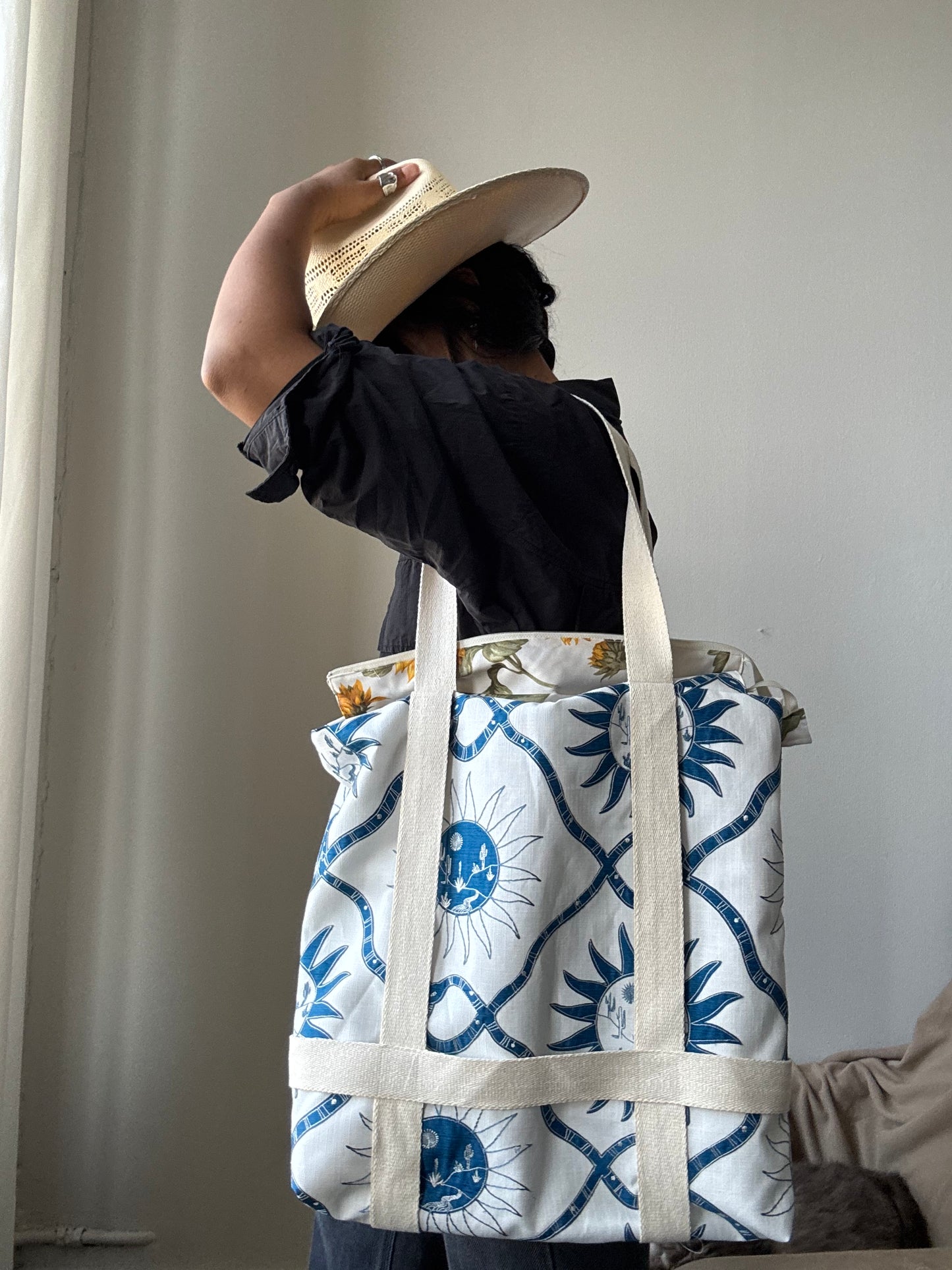 Magnus Handcrafted Cotton Tote Hat Holder Bag In Embroidered Canvas