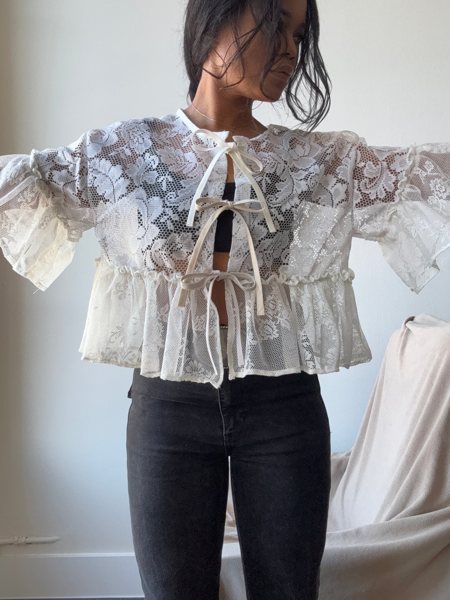 Eliza Vintage Lace Handcrafted Ruffle Top In Napoleon