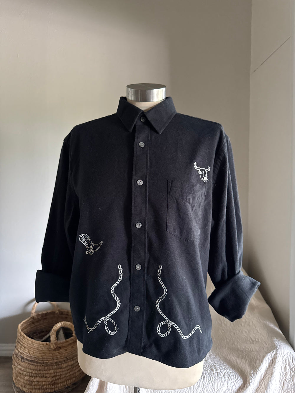 Lawrence Handcrafted Sad Songs Cropped Long Sleeve Button Down In Black