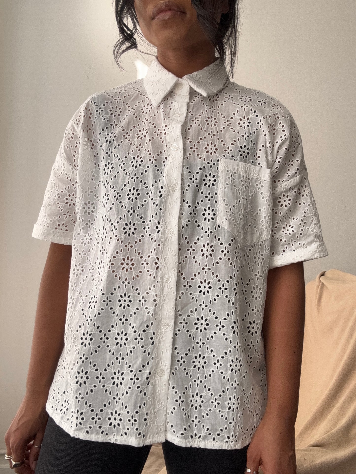 Courtney Cotton Eyelet Button Down Shirt In White