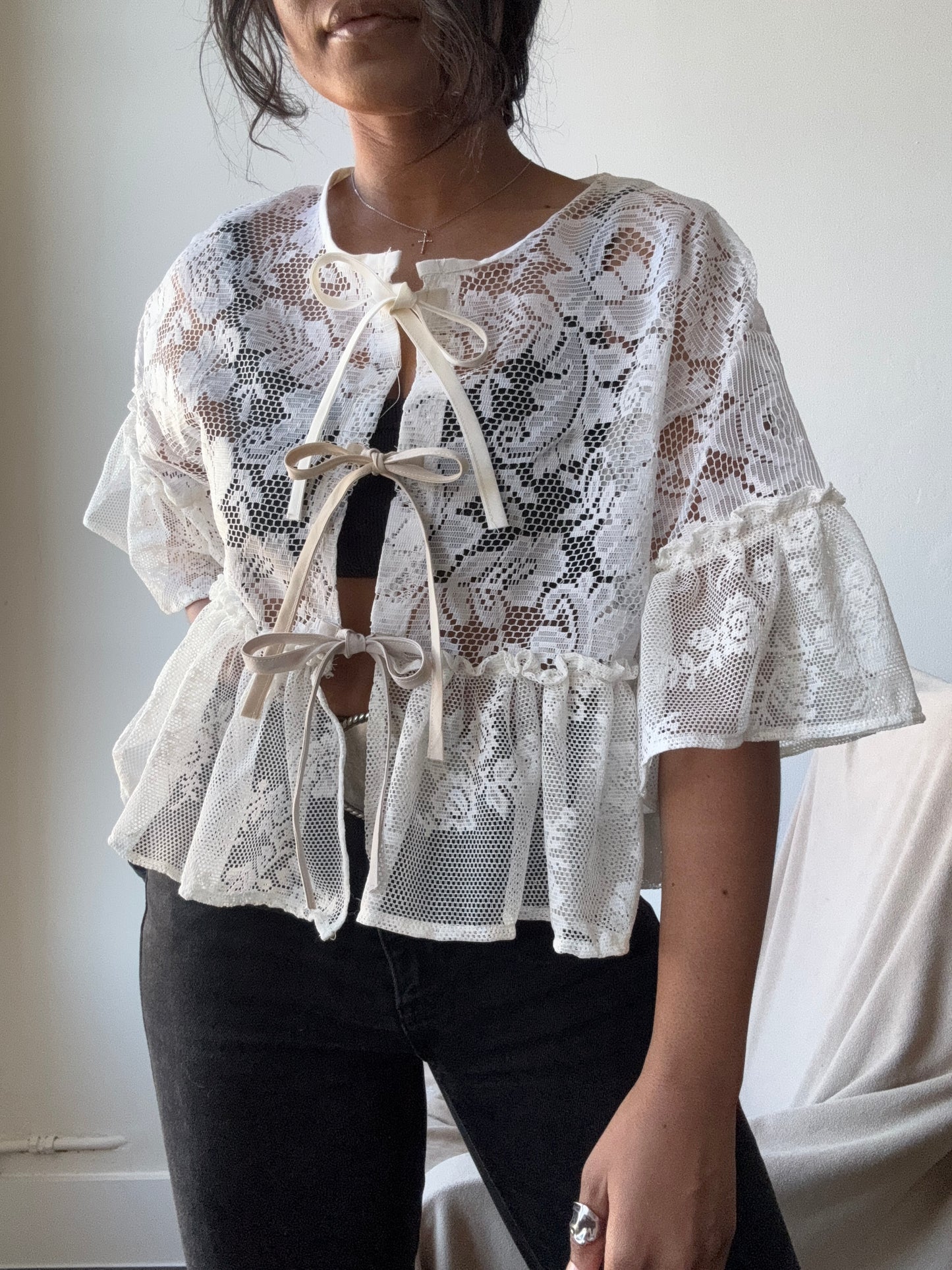 Eliza Vintage Lace Handcrafted Ruffle Top In Napoleon