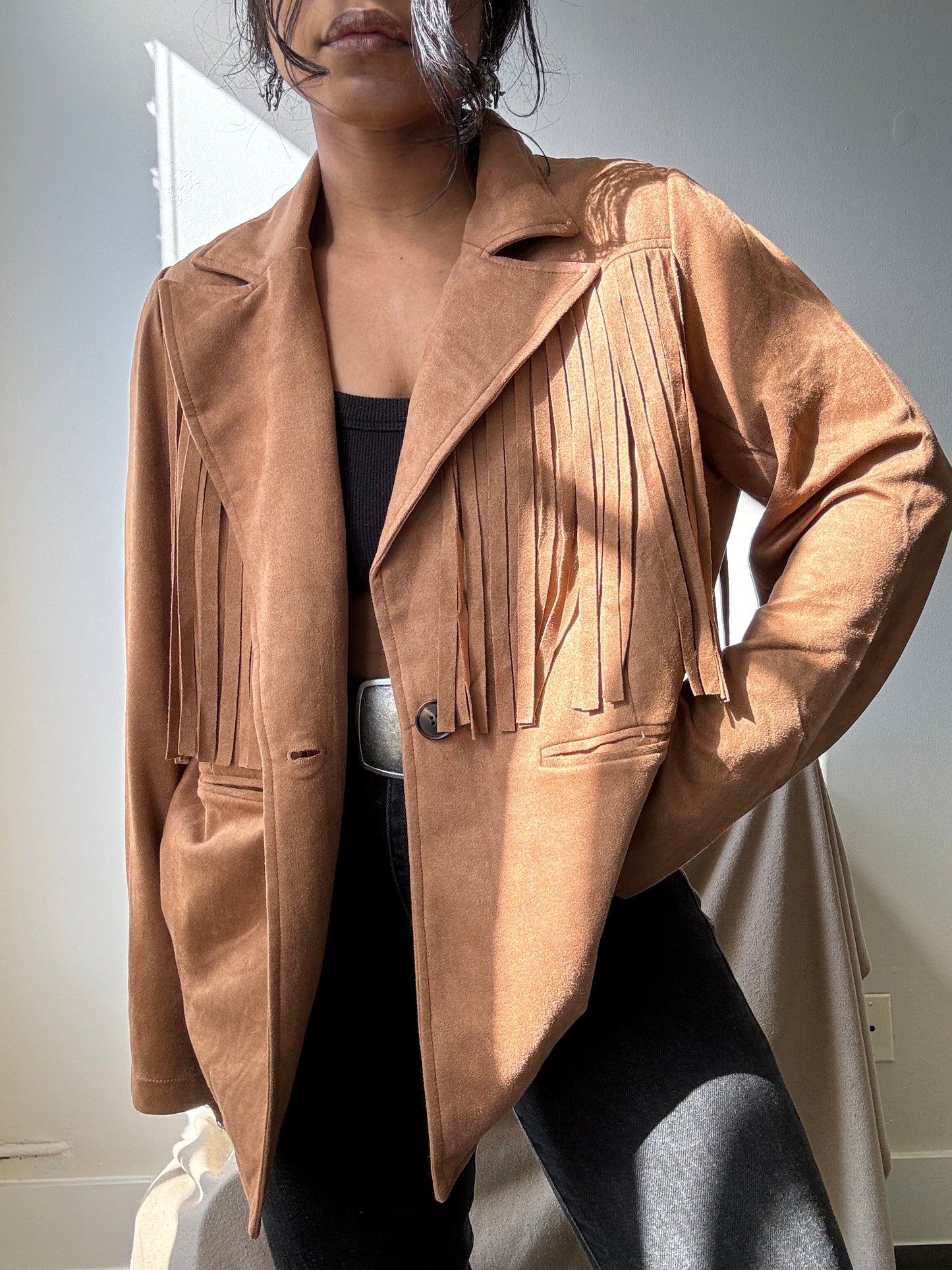 Booker Fringe Suede Modern Western Blazer In Camel