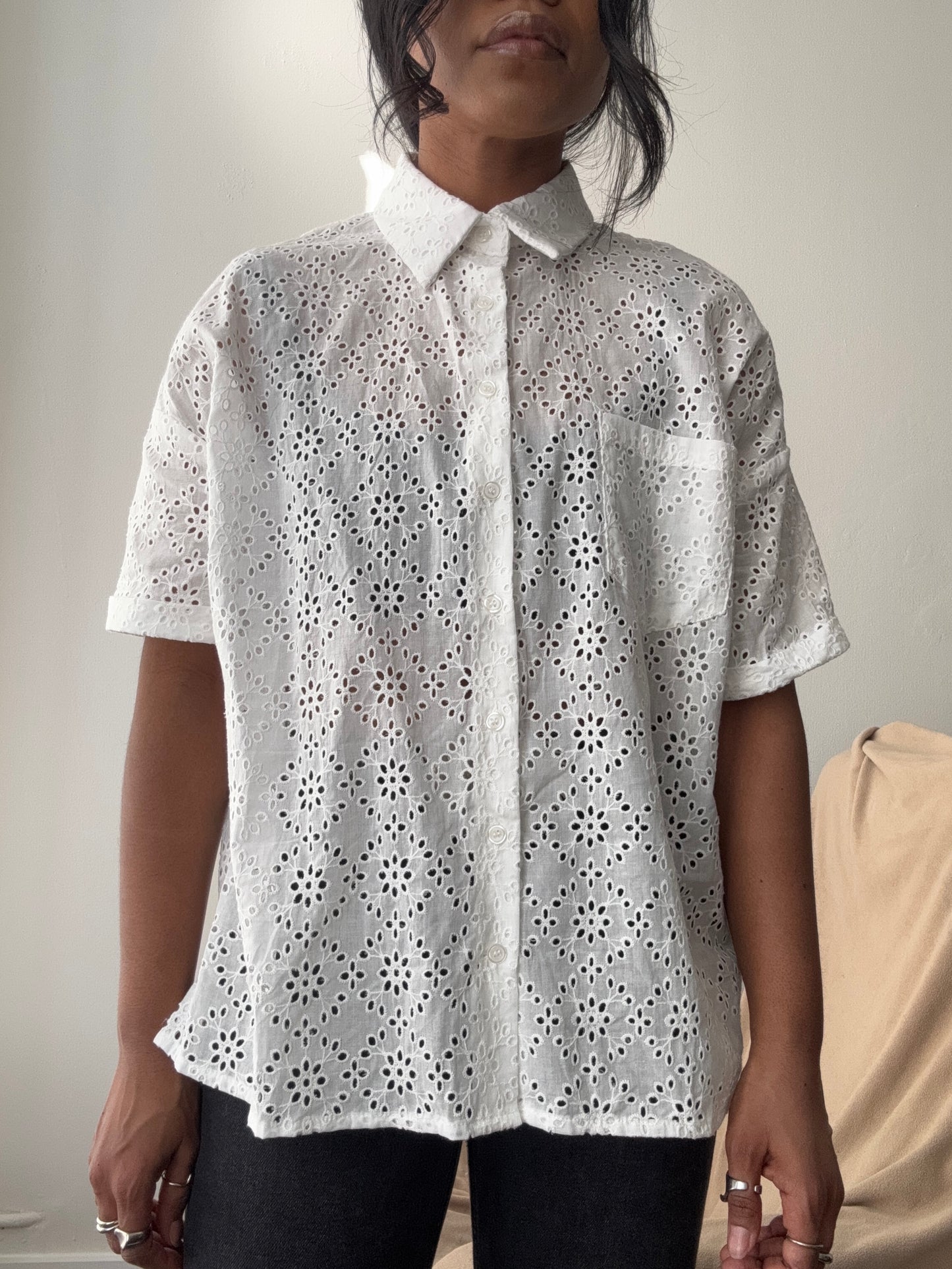 Courtney Cotton Eyelet Button Down Shirt In White