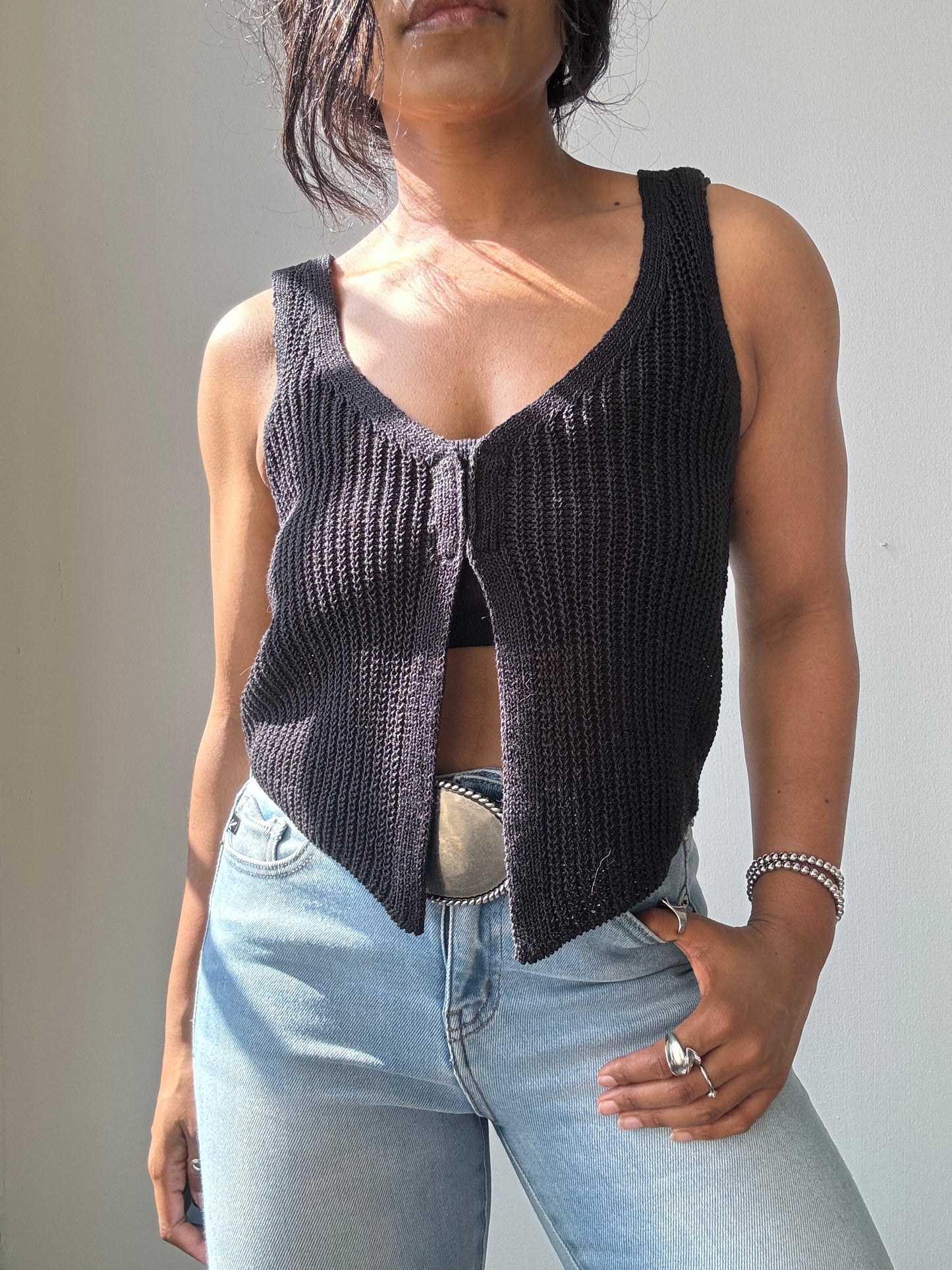 Kayla Crochet Knit Vest In Black