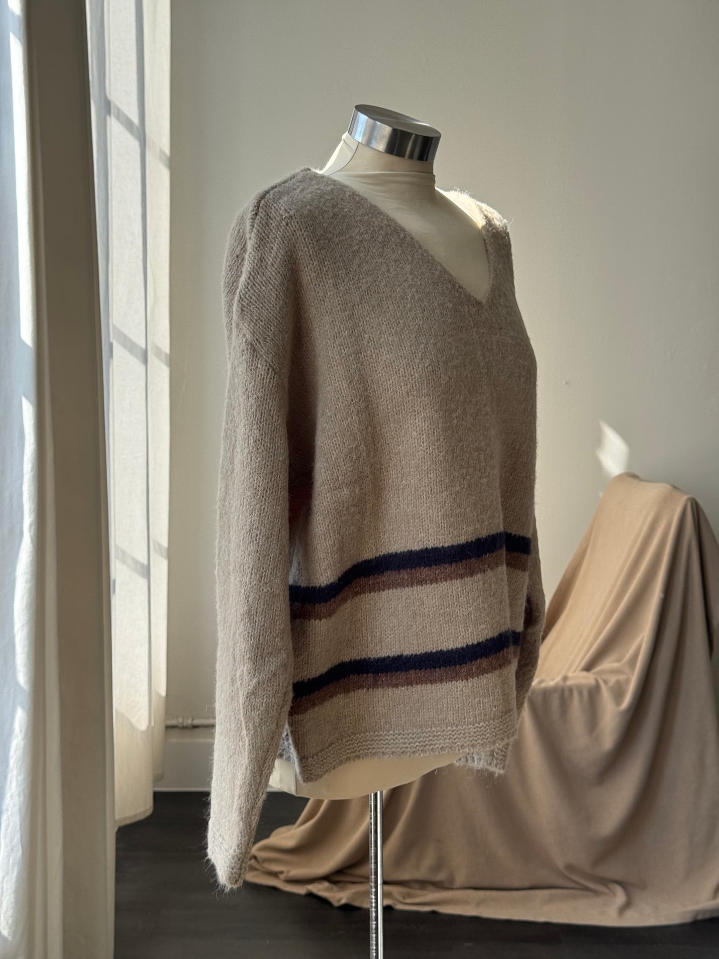 Nora V Neck Striped Pullover Sweater In Taupe￼￼