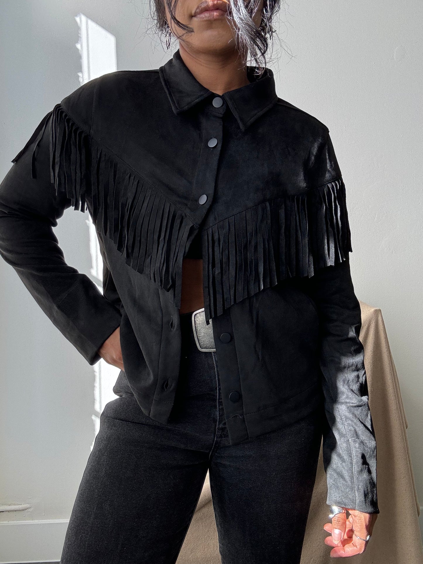 Brooks Cropped Fringe Suede Modern Western Shacket In Black