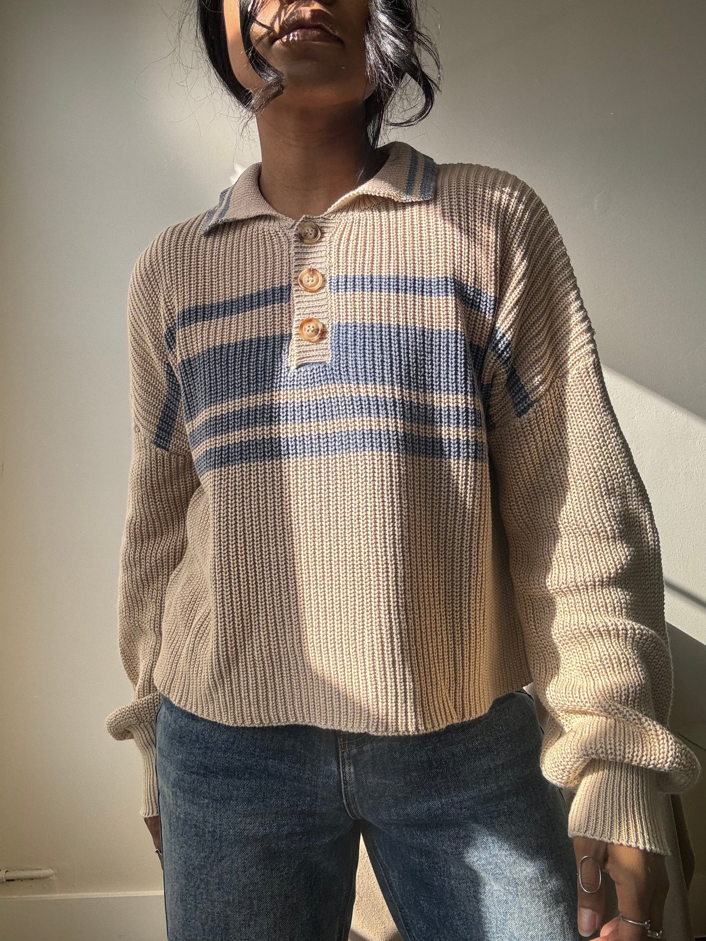 Malcolm Cotton Classic 90s Style Cropped Sweater In Vintage Blue