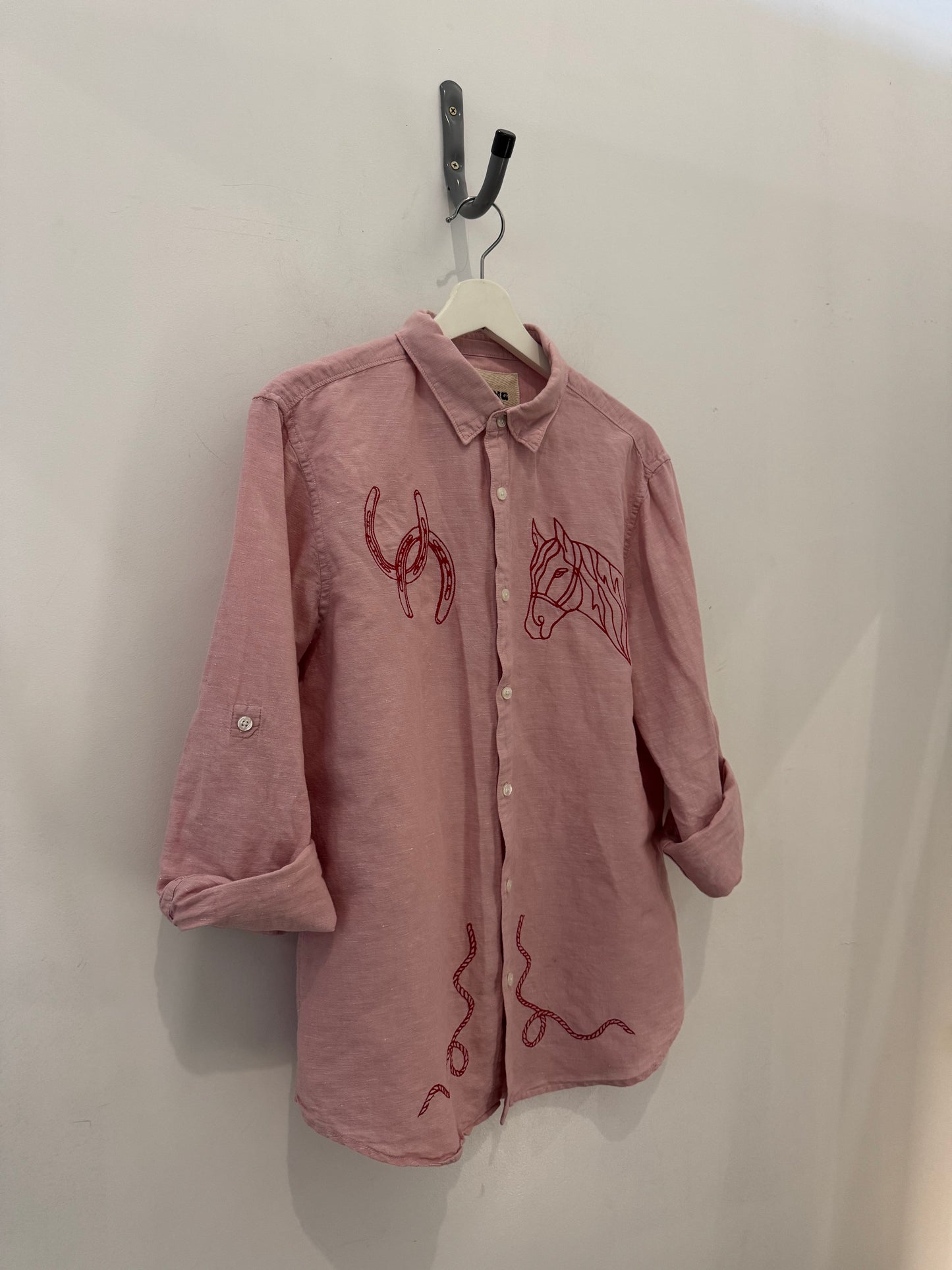 Jaxson Handcrafted Embroidered Button Down Linen Shirt In Blush