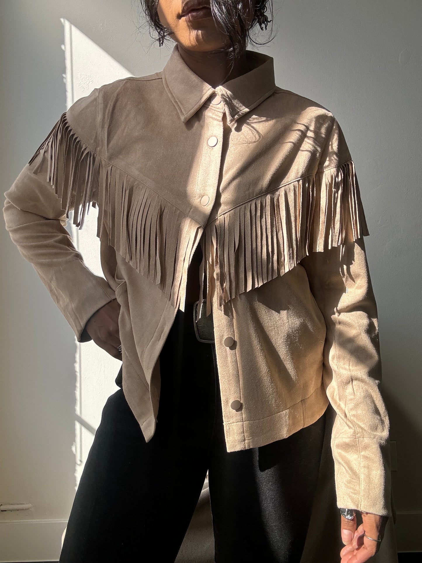 Brooks Cropped Fringe Suede Modern Western Shacket In Taupe