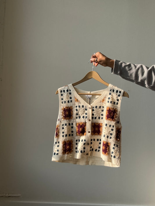 Keaton Crochet Knit Patch Work Button Front Vest In Cream