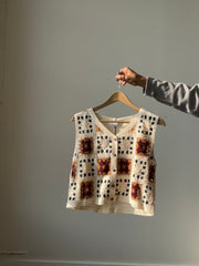 Keaton Crochet Knit Patch Work Button Front Vest In Cream
