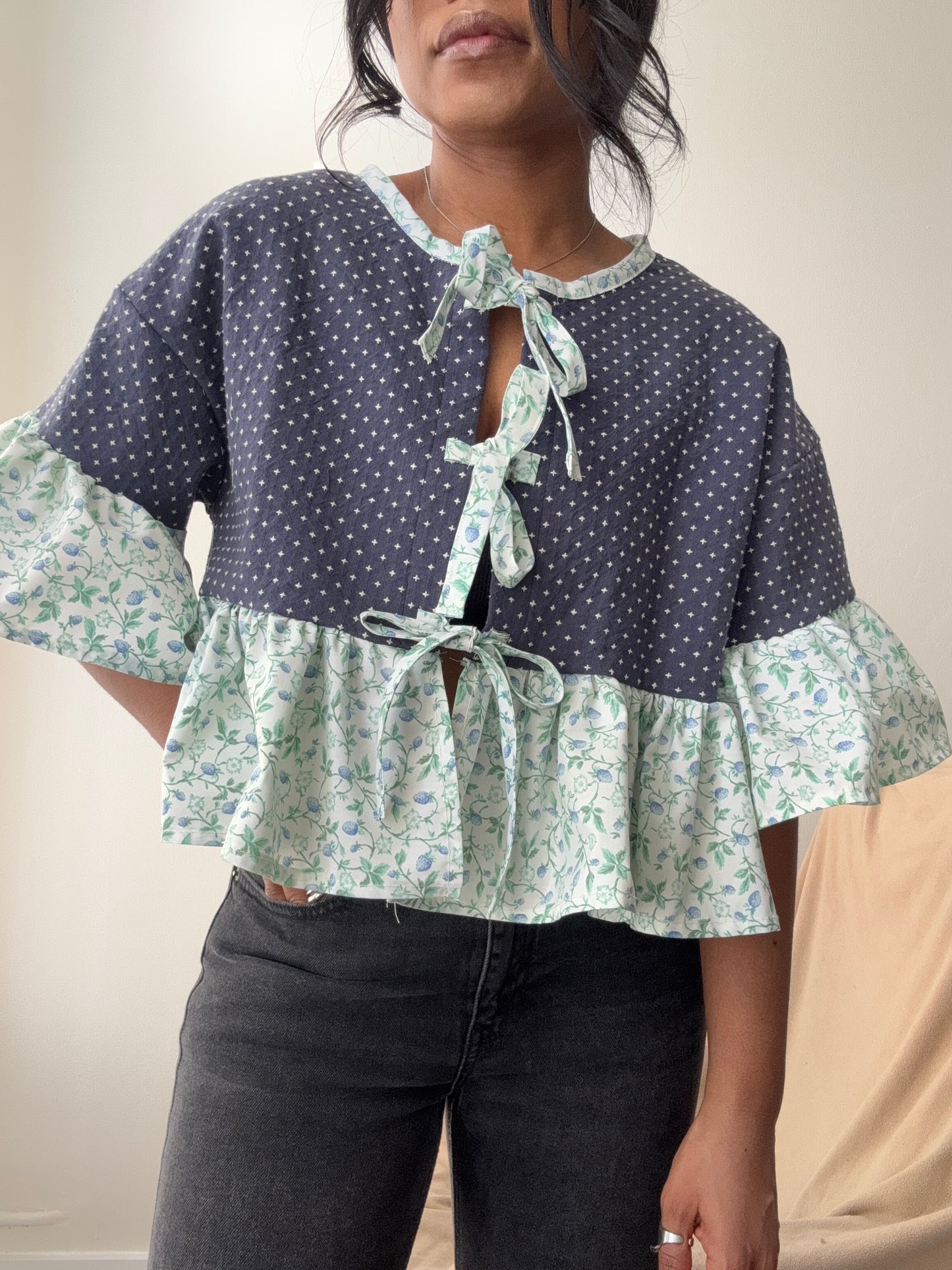 Brenda Vintage Cotton Handcrafted Ruffle Top In Navy