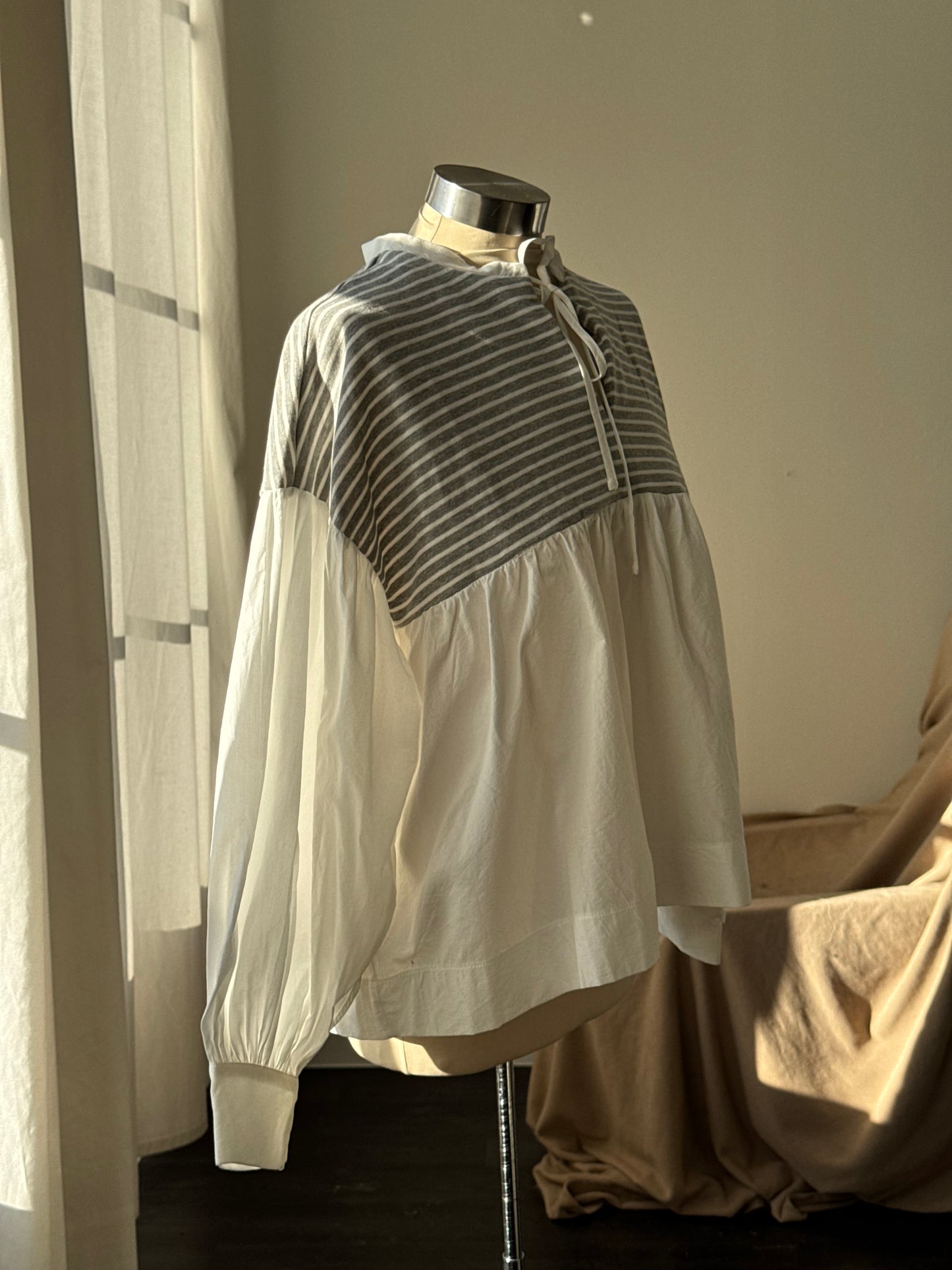 Chasity Cotton Mock Tie Neck Striped Two Tone Top In Grey￼