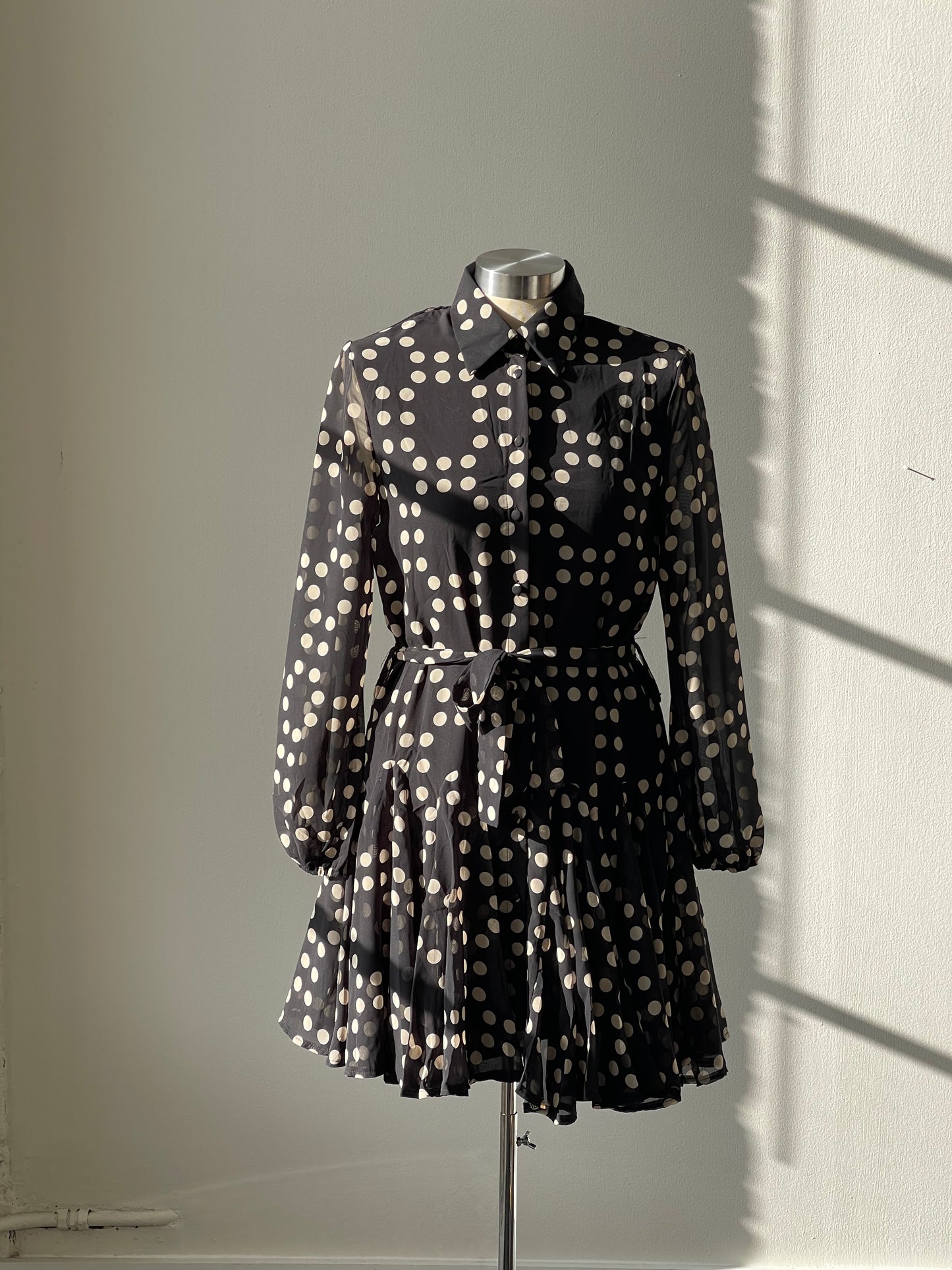 Miley Polkadot Belted Sheer Balloon Sleeve Button Down Dress In Midnight Navy