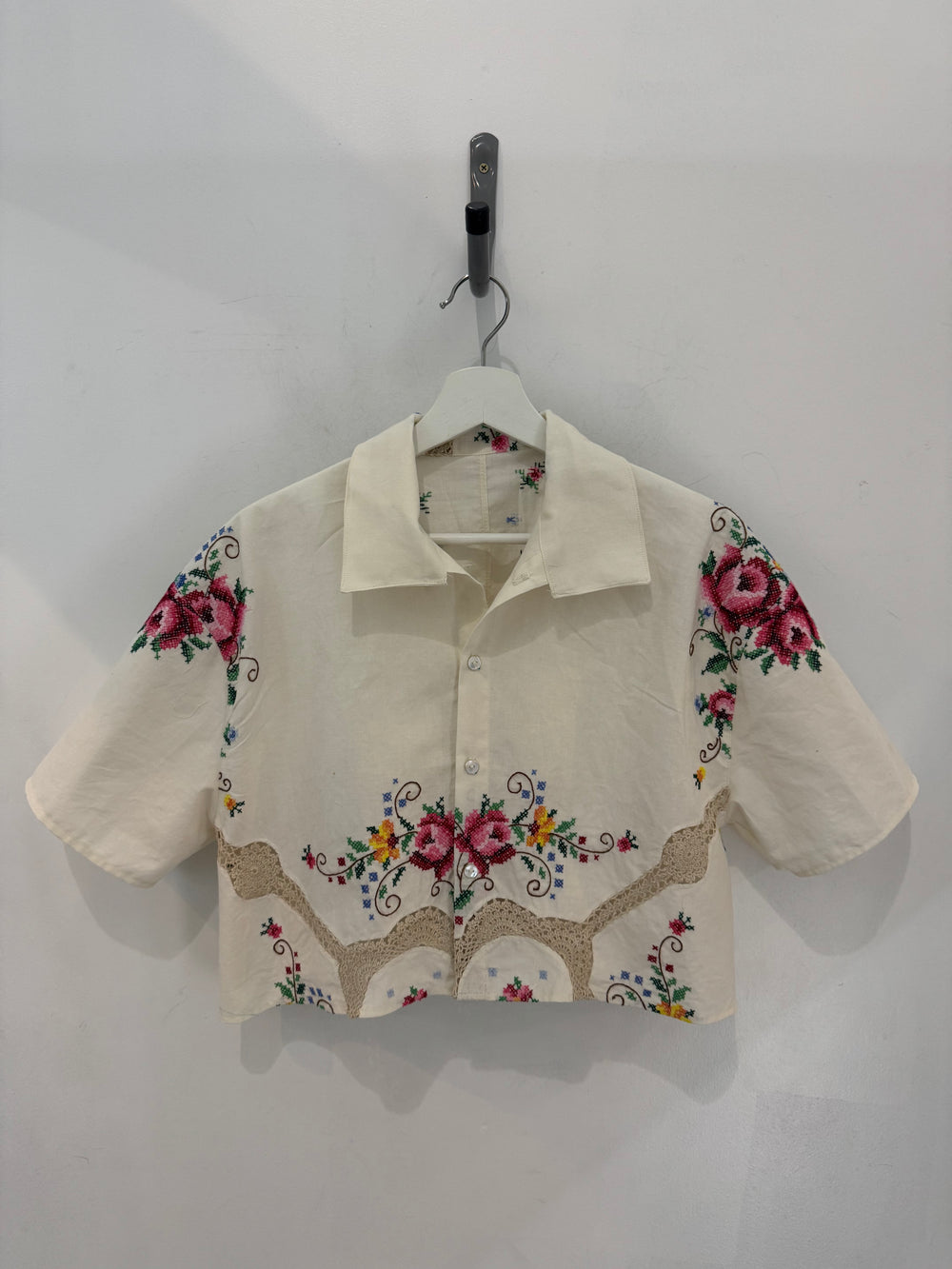 Judy Handcrafted Vintage Embroidered Crochet Cropped Button Down