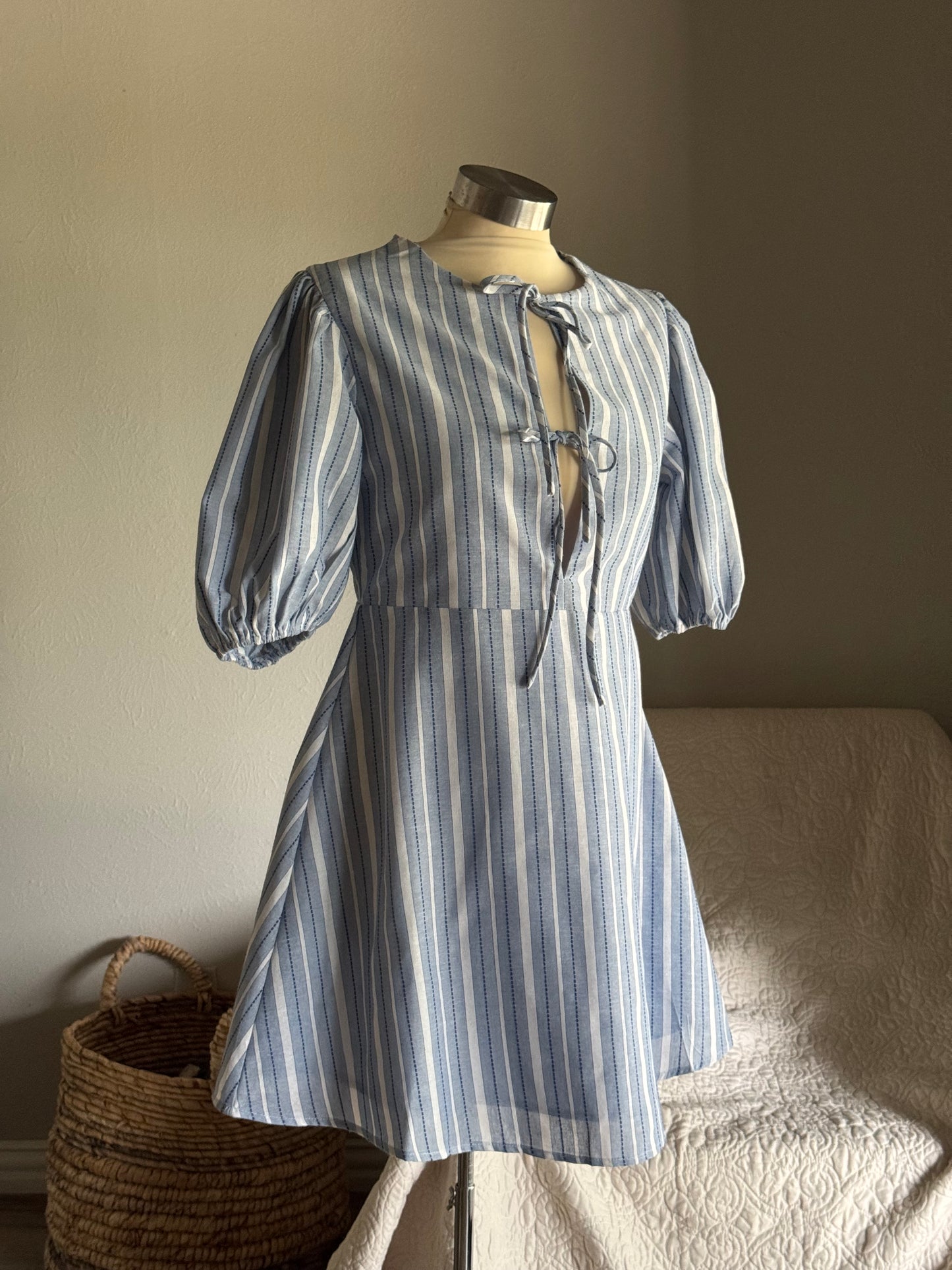Patricia Cotton Striped Embroidered Tie Front Dress In Sky￼￼