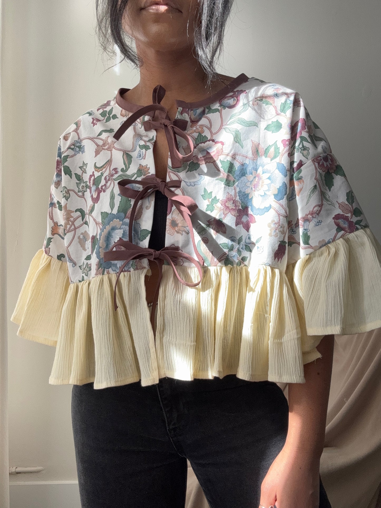 Joyce Cotton Handmade Floral & Ruffle Top In Vintage Cream