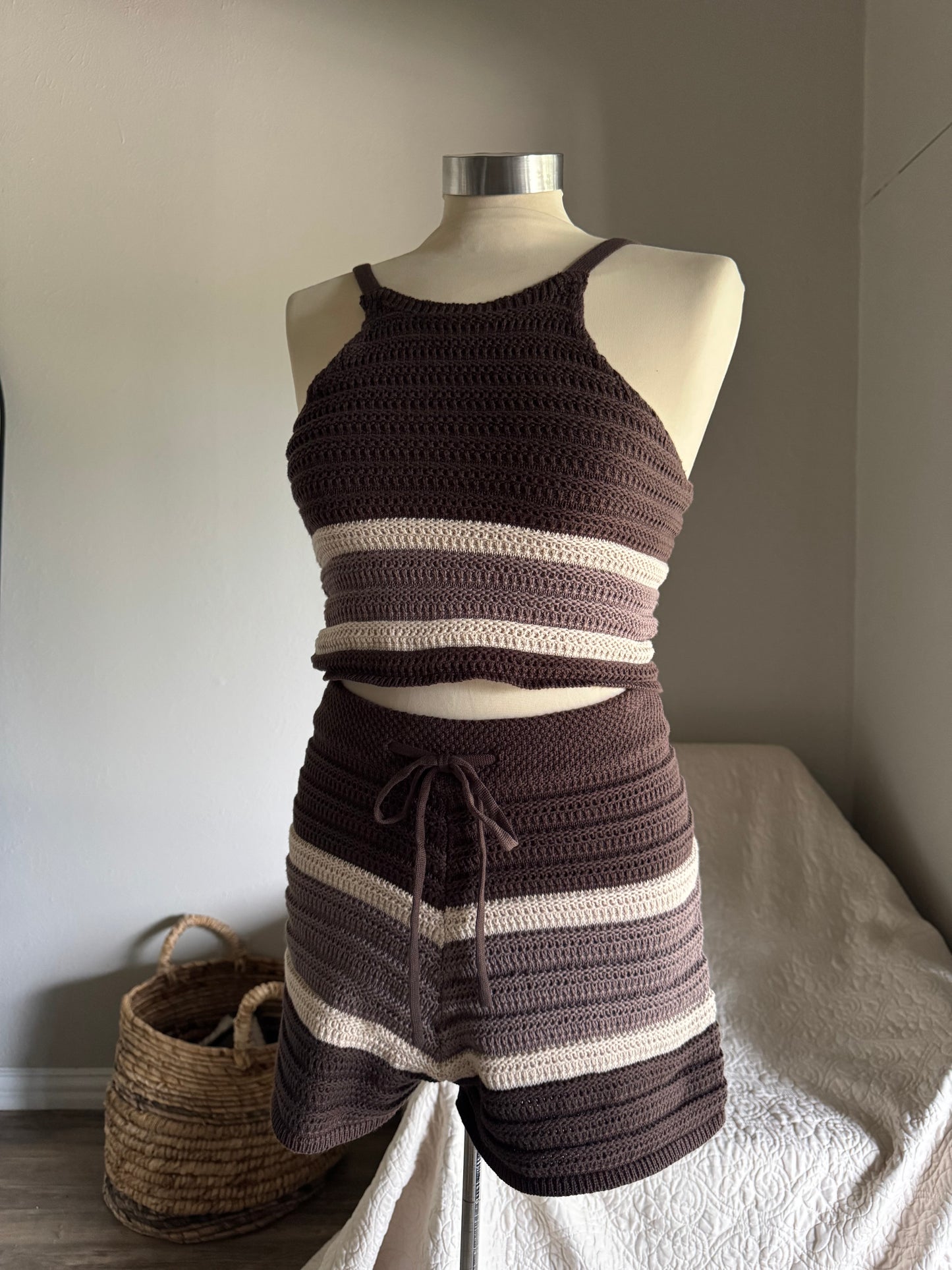 Hailey Cotton Crochet Knit Shorts In Espresso