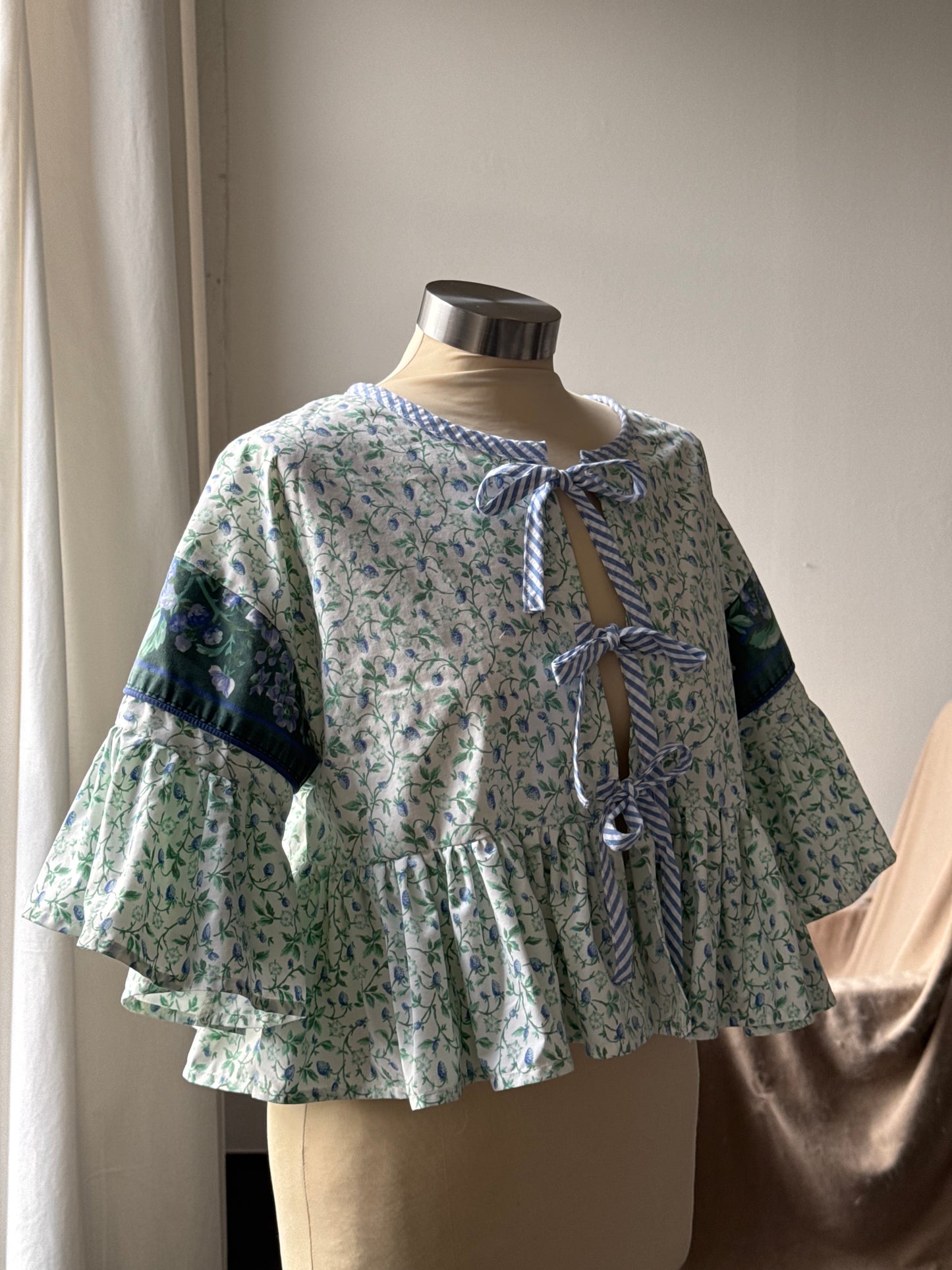 July Vintage Cotton Handmade Ruffle Top Berry Green