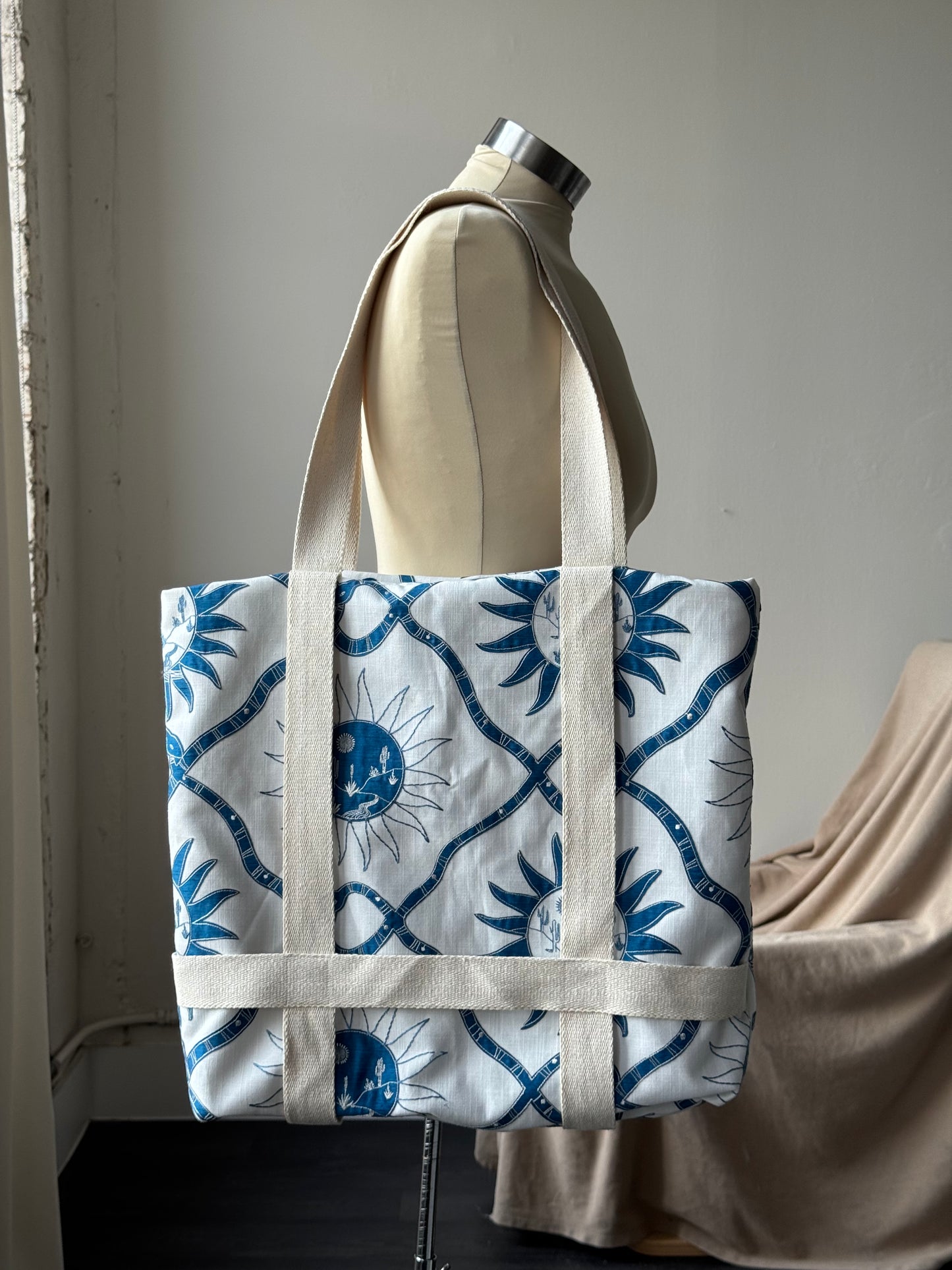 Magnus Handcrafted Cotton Tote Hat Holder Bag In Embroidered Canvas