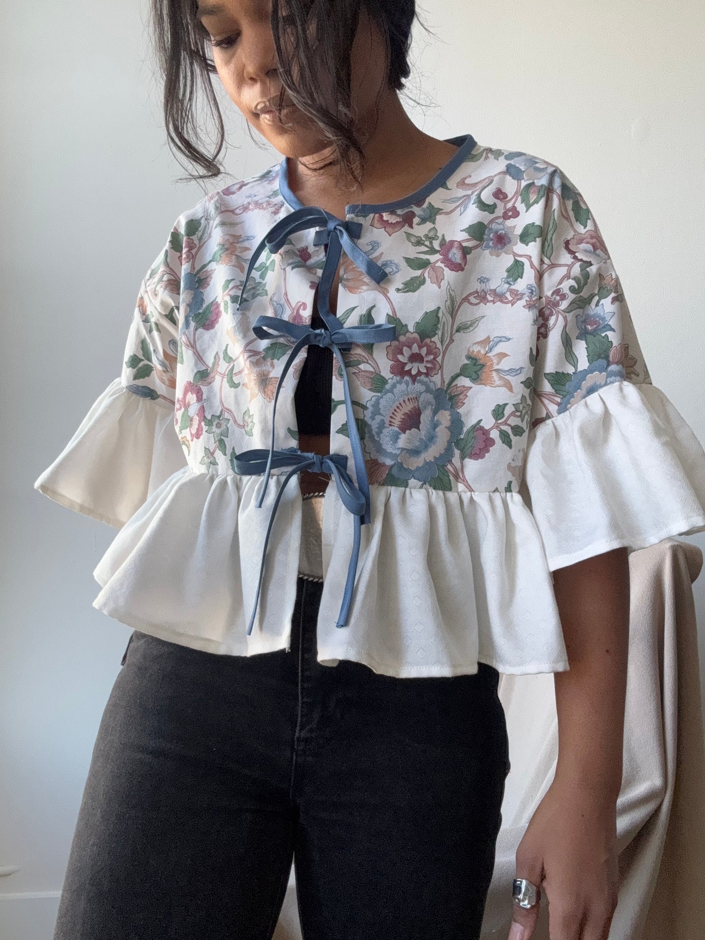 Joycie Vintage Cotton Handcrafted Ruffle Top In Midnight Vines