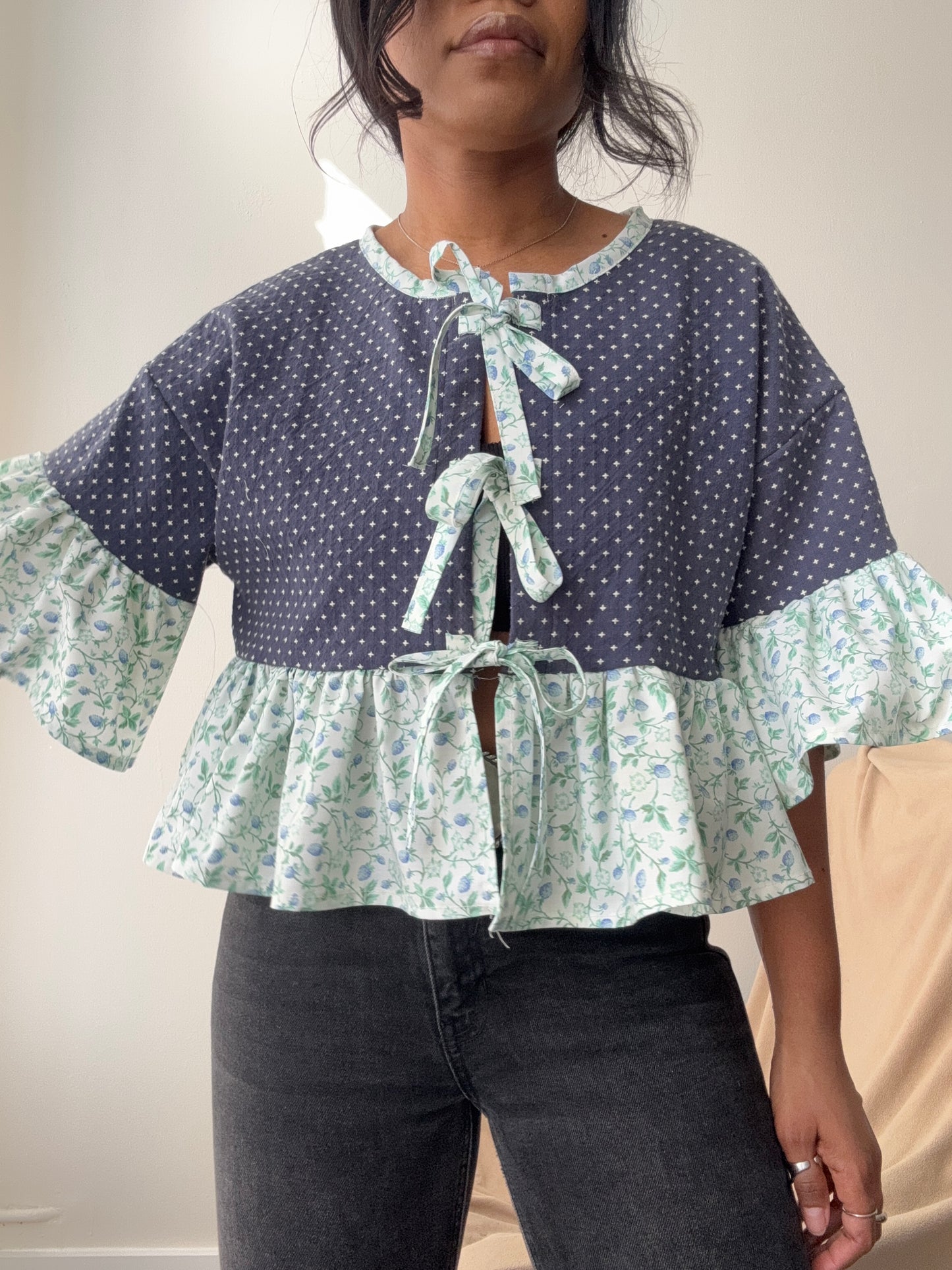 Brenda Vintage Cotton Handcrafted Ruffle Top In Navy