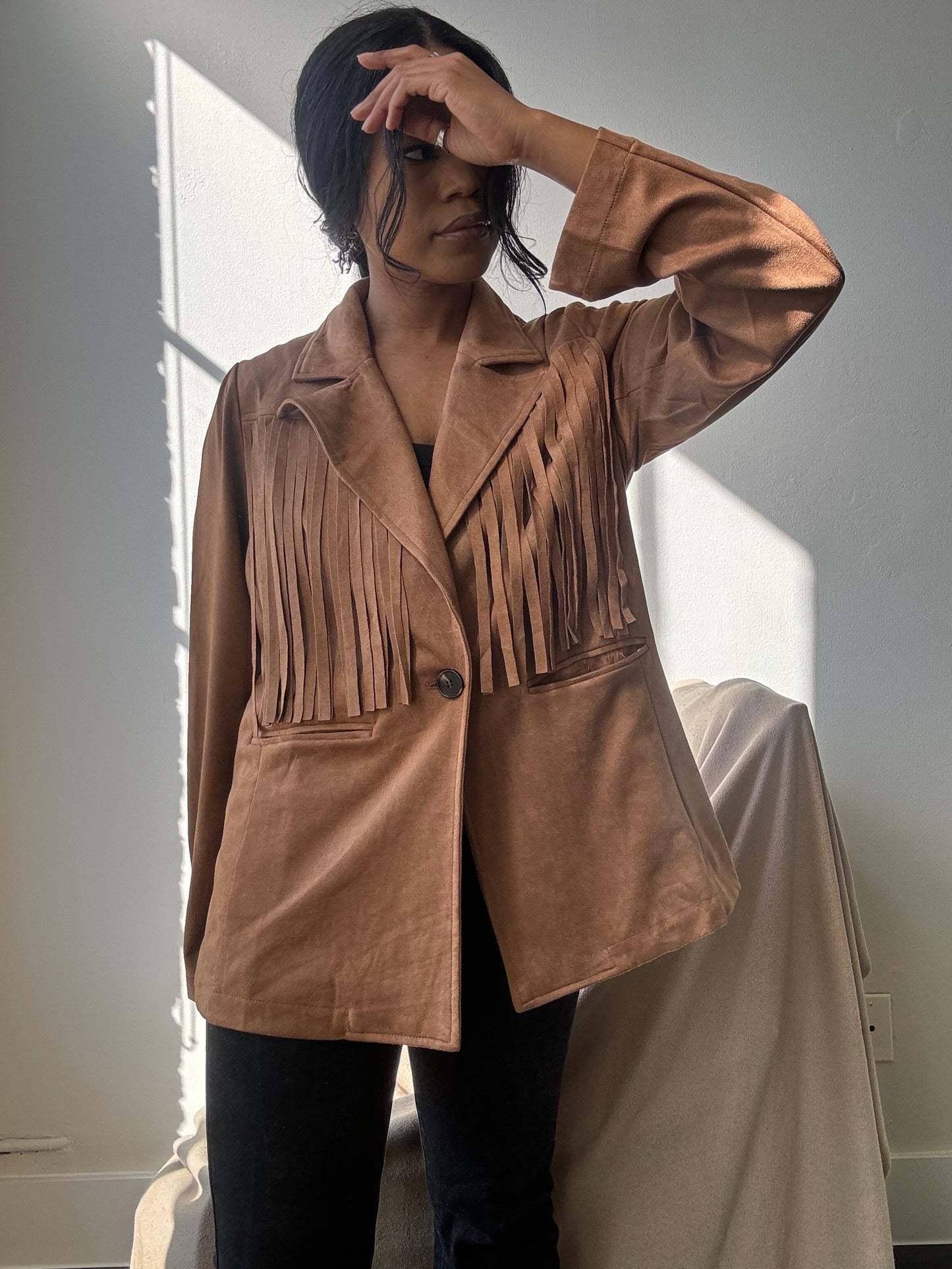 Booker Fringe Suede Modern Western Blazer In Camel