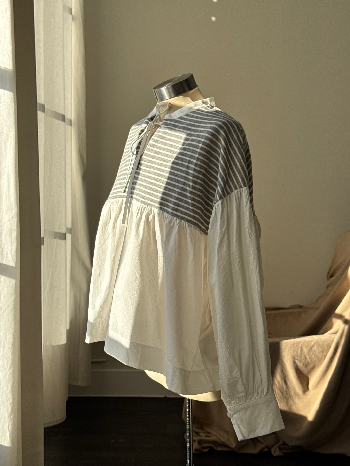 Chasity Cotton Mock Tie Neck Striped Two Tone Top In Grey￼