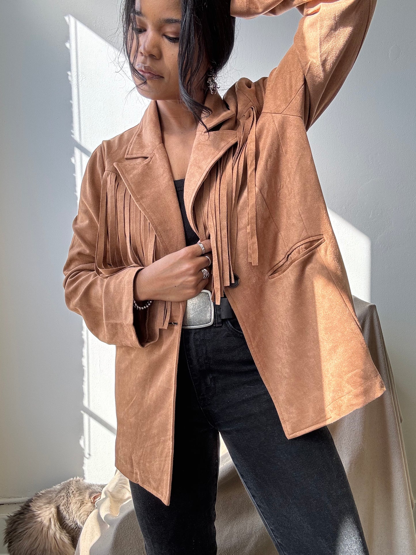 Booker Fringe Suede Modern Western Blazer In Camel