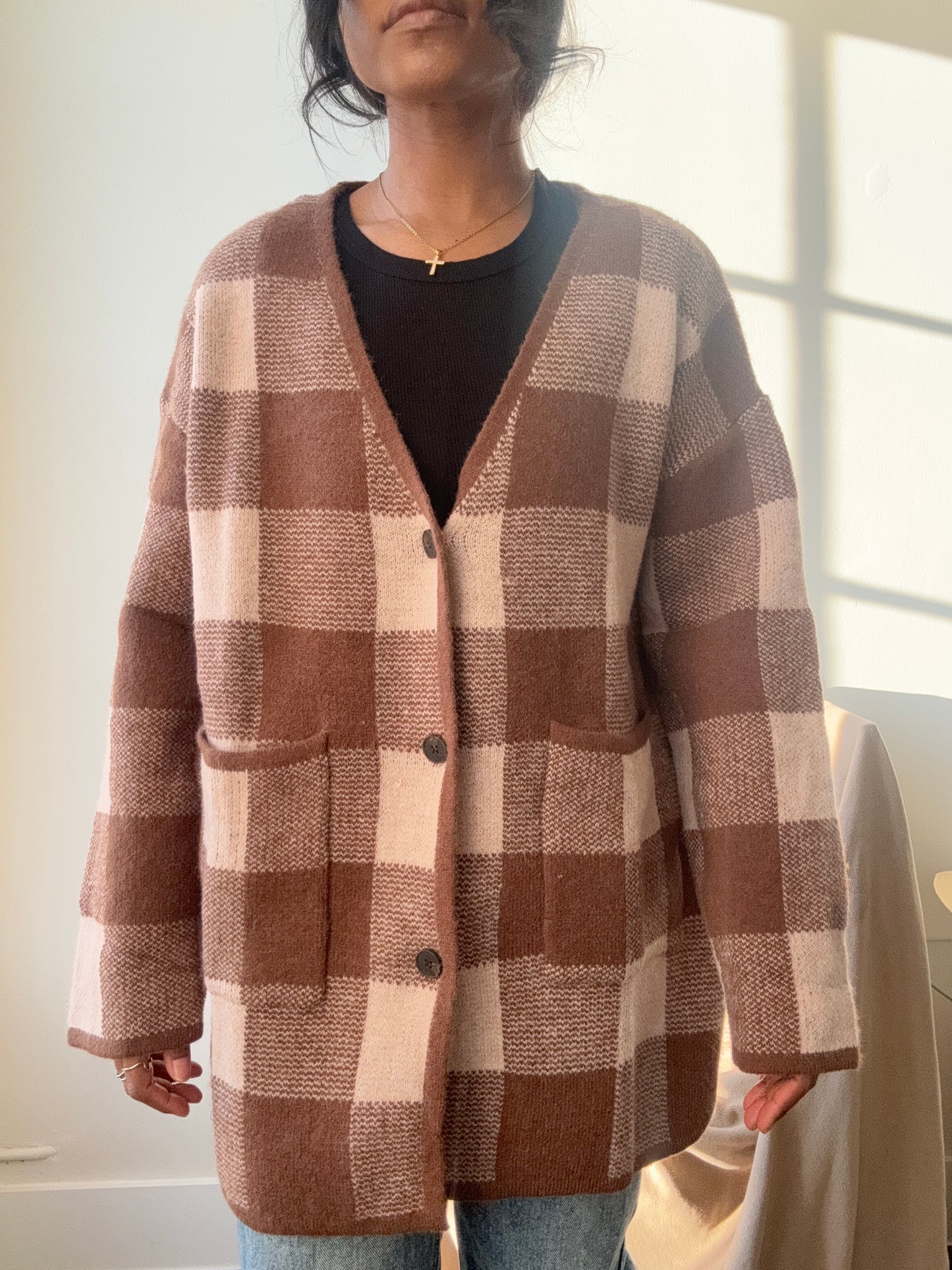 Sadie Plaid Check Sweater In Mocha