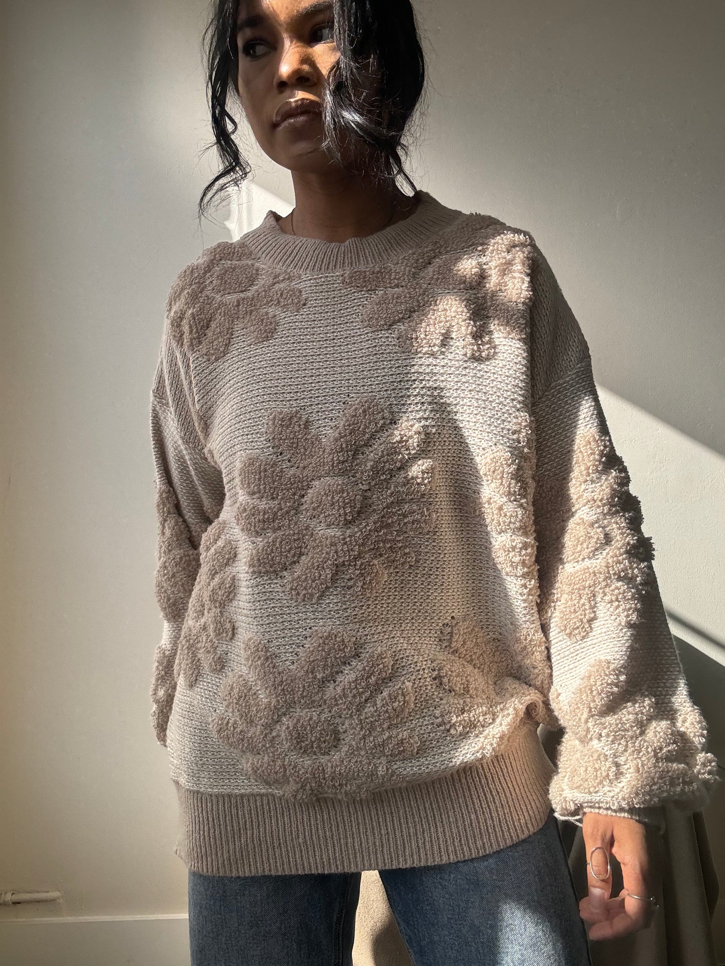 Mable Cotton Knit Floral Pullover Sweater In Natural