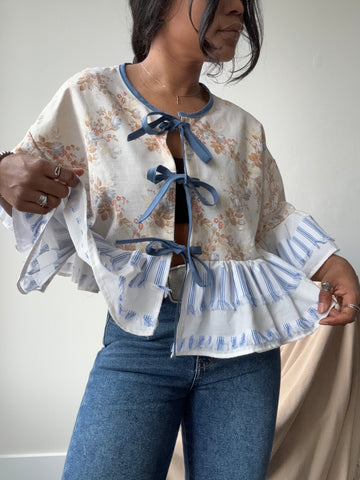 Joycie Cotton Handmade Floral & Fringe Ruffle Top In Vintage Blue