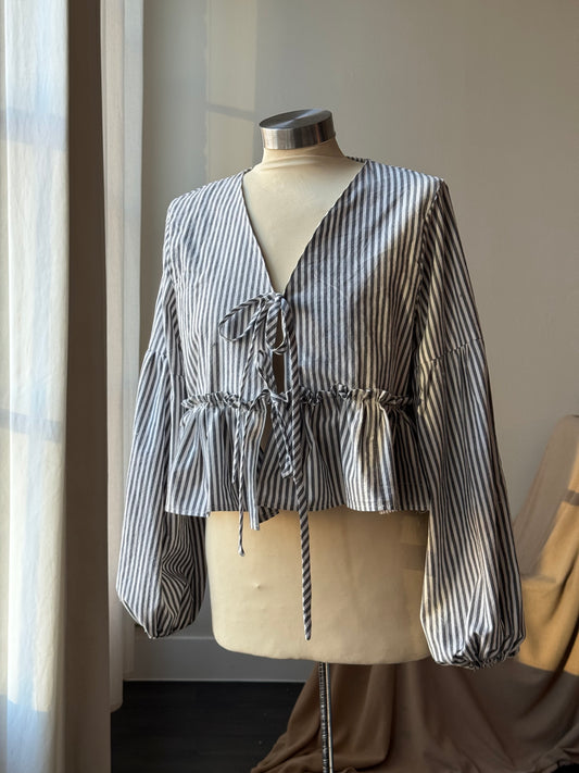 Florene Vintage Lantern Sleeve Ruffle Tie Front Top