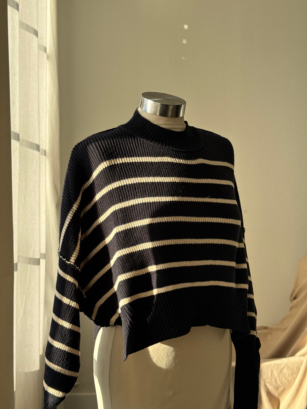 Henry Cotton Striped Cropped Mock Neck Sweater In Cream & Black