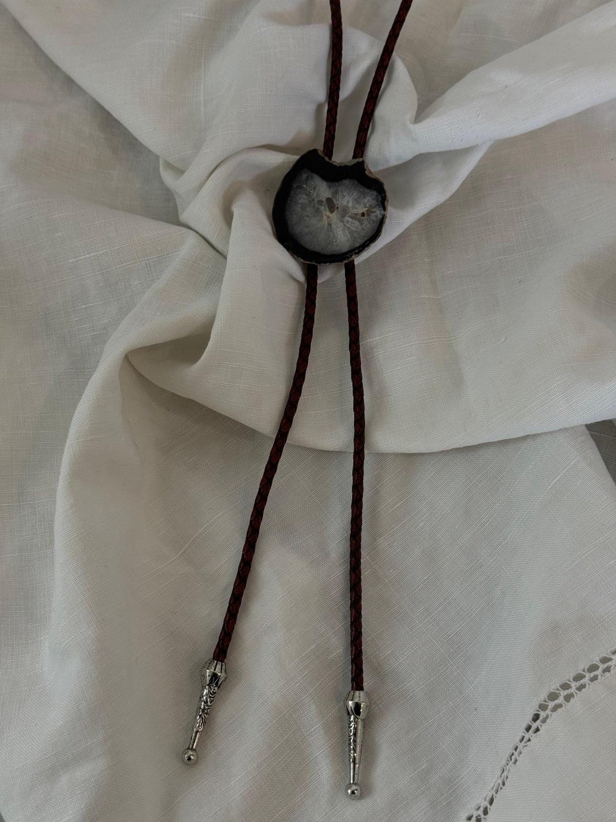 Handcrafted Agate Bolo Tie In Texas Ice