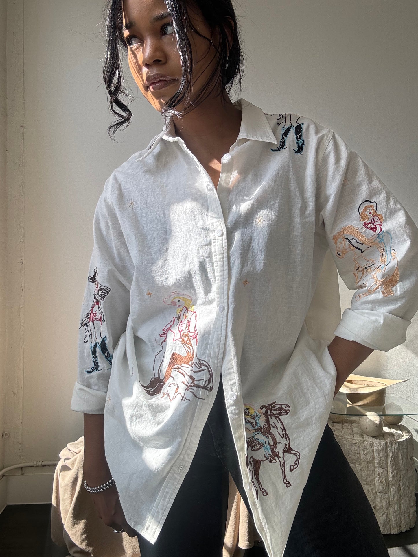 Llewellyn Cotton & Linen Embroidered Cowgirl Button Down