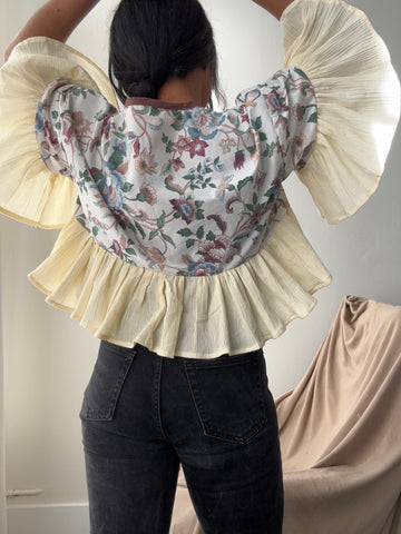 Joyce Cotton Handmade Floral & Ruffle Top In Vintage Cream