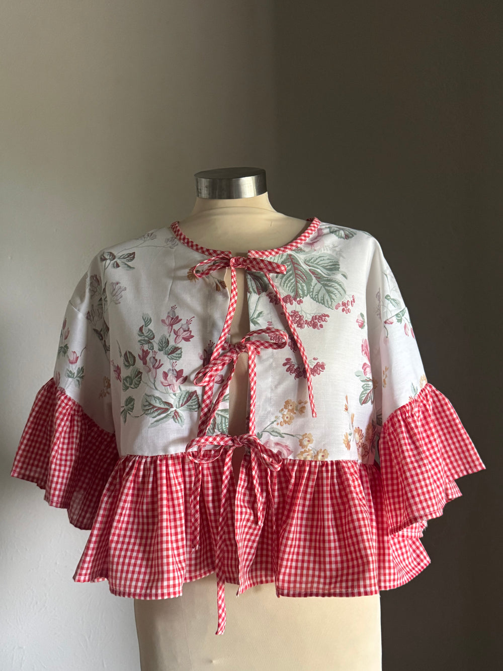 Joycie Vintage Handcrafted Gingham Floral Ruffle Top