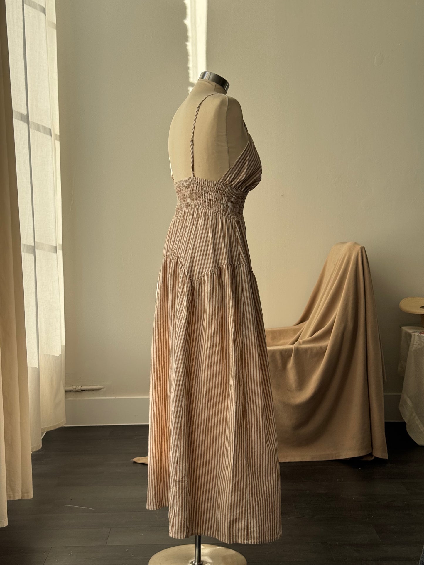 Cherie Cotton Striped Midi Dress In Mocha