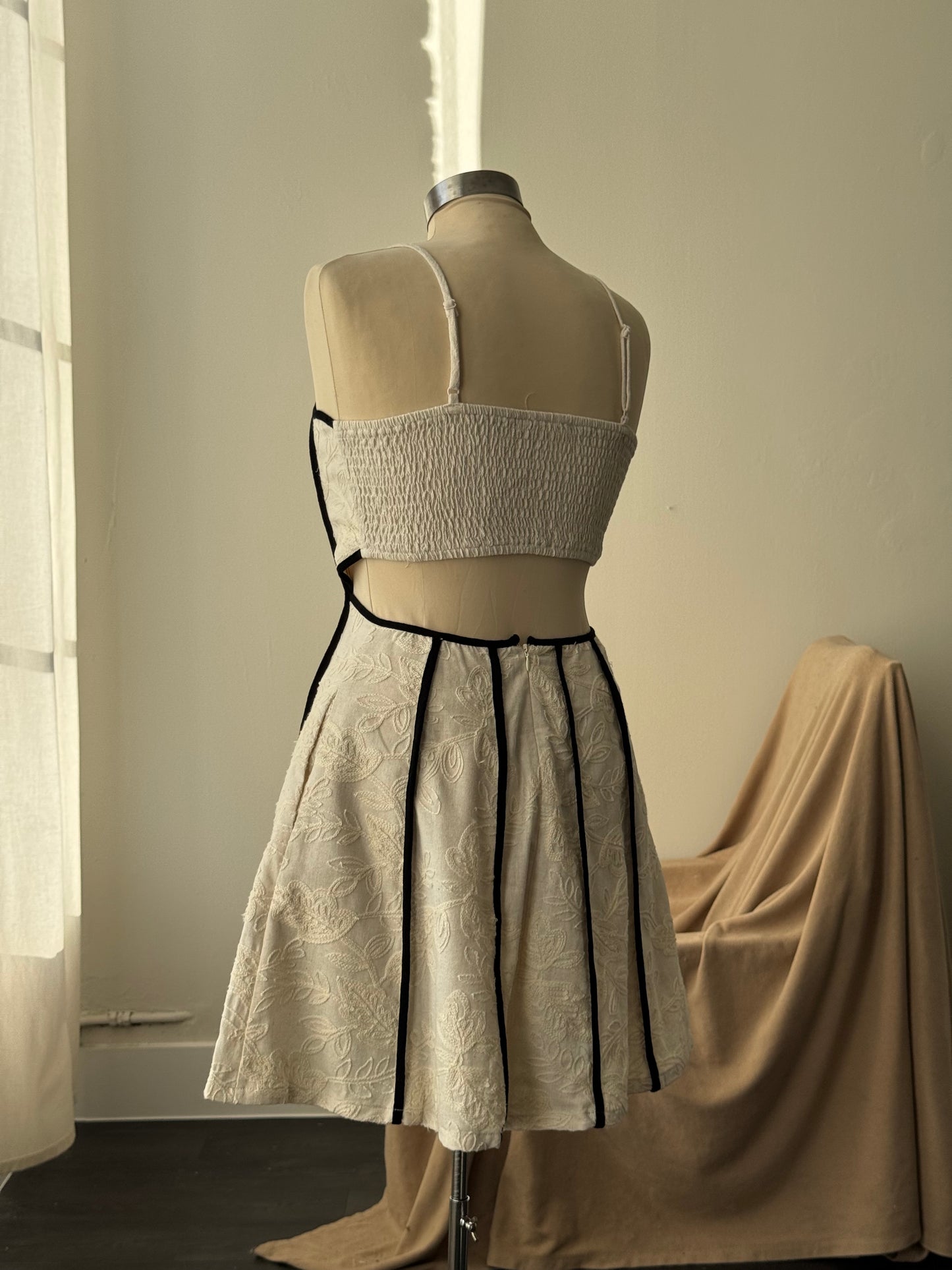 Julisa Cotton & Linen Pipping Open Back Embroidered Mini Dress In In Cream