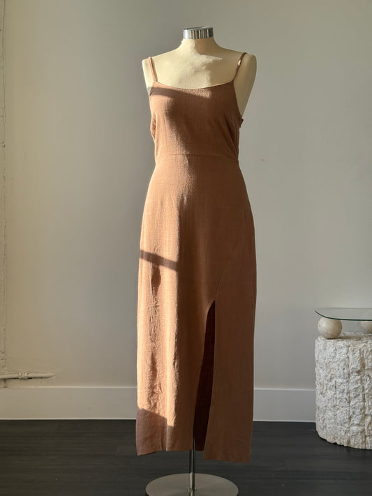 Dawson Linen Side Slit Maxi Dress In Taupe