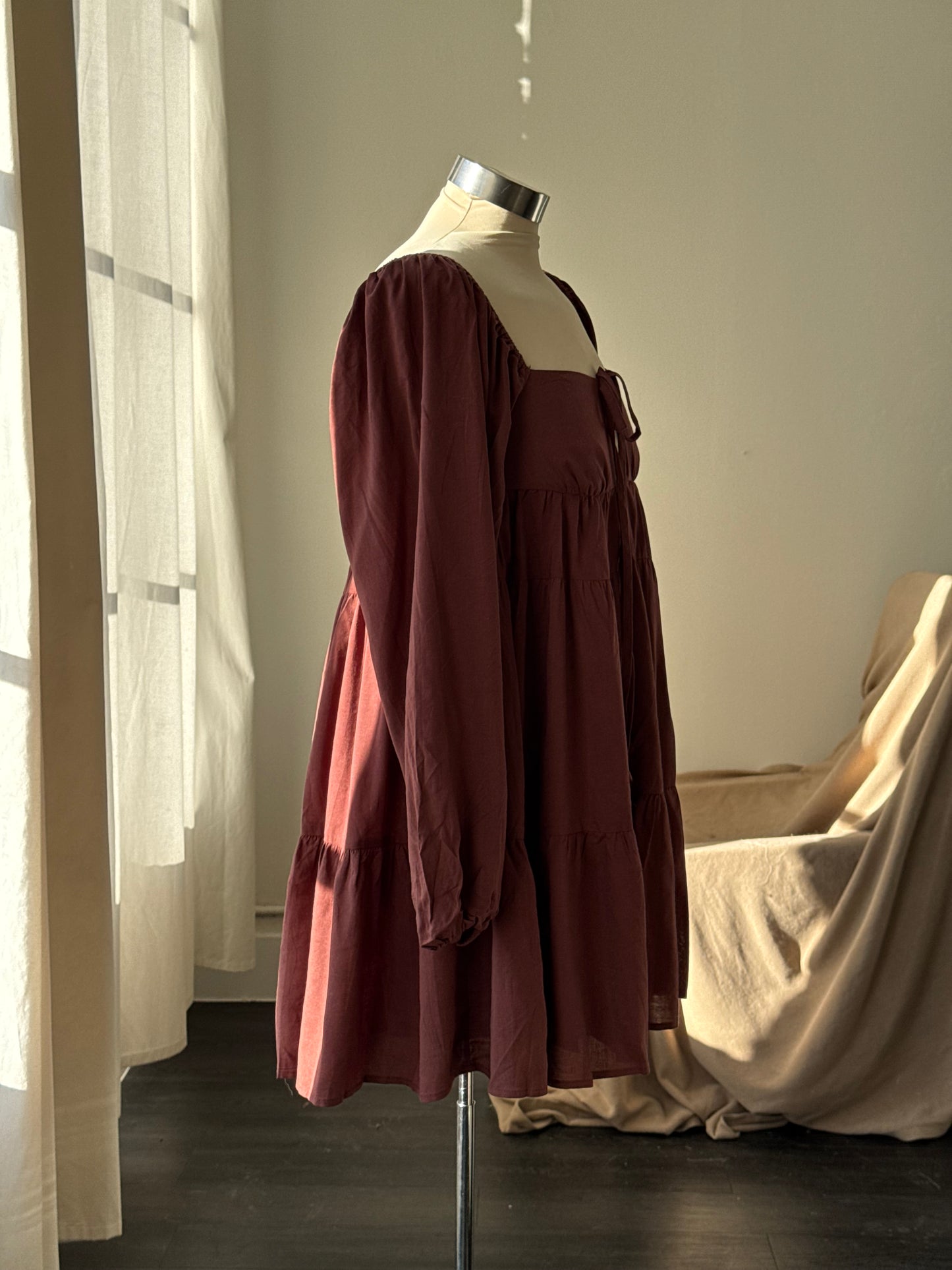 Fluorine Linen Balloon Sleeve Tie Front Dress In Chocolate Brown￼